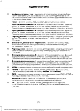 Цифровая клавиатура — данные кнопки используются для выбора
частот радиостанций, ранее сохраненных в памяти. Для сохранения
частоты понравившейся радиостанции нажмите и удерживайте кнопку
до возвращения звука.
H
Часы: нажмите кнопку, чтобы выбрать режим установки часов.I
Функциональная кнопка 4 : нажмите для выбора различных функций
аудиосистемы в зависимости от того, в каком режиме вы находитесь
(например,режим радиоприемника или проигрывателя компакт-дисков).
J
Функциональная кнопка 3 : нажмите для выбора различных функций
аудиосистемы в зависимости от того, в каком режиме вы находитесь
(например,режим радиоприемника или проигрывателя компакт-дисков).
K
Переходвыше: нажмите эту кнопку для перехода к следующей станции
выше по радиочастотному диапазону или к следующей дорожке на
CD-диске.
L
Включение, отключение и громкость: нажмите эту кнопку, чтобы
включить или отключить аудиосистему. Поворачивайте диск для
регулировки громкости.
M
Переход ниже: нажмите эту кнопку для перехода к следующей станции
ниже по радиочастотному диапазону или к предыдущей дорожке на
CD-диске.
N
Функциональная кнопка 2 : нажмите для выбора различных функций
аудиосистемы в зависимости от того, в каком режиме вы находитесь
(например,режим радиоприемника или проигрывателя компакт-дисков).
O
Функциональная кнопка 1 : нажмите для выбора различных функций
аудиосистемы в зависимости от того, в каком режиме вы находитесь
(например,режим радиоприемника или проигрывателя компакт-дисков).
P
MENU— даннаякнопкаиспользуетсядлявыборафункцийаудиосистемы.Q
PHONE — данная кнопка используется для вызова функции SYNC.
Сначала необходимо нажать кнопку PHONE, затем MENU.
R
AUX — данная кнопка используется для вызова функций AUX и SYNC, а
также для сворачивания меню или списков.
S
РАДИО — данная кнопка используется для выбора диапазонов
радиочастот, а также для сворачивания меню или списков.
T
CD — данная кнопка используется для переключения в режим
проигрывания компакт-дисков, а также для сворачивания меню или
списков.
U
274
Kuga (CBS) Vehicles Built From: 10-03-2014, Vehicles Built Up To: 07-09-2014, Russia, CG3616ruRUS ruRUS, Edition date: 07/2014, First Printing
Аудиосистема
http://ava-avto.ru/
 