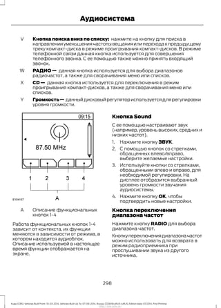 Кнопка поиска вниз по списку: нажмите на кнопку для поиска в
направленииуменьшениячастотывещанияилипереходакпредыдущему
треку компакт-диска в режиме проигрывания компакт-дисков. В режиме
телефонной связи данная кнопка используется для совершения
телефонного звонка. С ее помощью также можно принять входящий
звонок.
V
РАДИО — данная кнопка используется для выбора диапазонов
радиочастот, а также для сворачивания меню или списков.
W
CD — данная кнопка используется для переключения в режим
проигрывания компакт-дисков, а также для сворачивания меню или
списков.
X
Громкость— данныйдисковыйрегуляториспользуетсядлярегулировки
уровня громкости.
Y
Описание функциональных
кнопок 1-4
A
Работа функциональных кнопок 1-4
зависит от контекста, их функции
меняются в зависимости от режима, в
котором находится аудиоблок.
Описание используемой в настоящее
время функции отображается на
экране.
Кнопка Sound
С ее помощью настраивают звук
(например, уровень высоких, средних и
низких частот).
1. Нажмите кнопку ЗВУК.
2. С помощью кнопок со стрелками,
обращенных влево/вправо,
выберите желаемые настройки.
3. Используйте кнопки со стрелками,
обращенными влево и вправо, для
необходимой регулировки. На
дисплее отобразится выбранный
уровень громкости звучания
аудиосистемы.
4. Нажмите кнопку ОК, чтобы
подтвердить новые настройки.
Кнопка переключения
диапазона частот
Нажмите кнопку RADIO для выбора
диапазона частот.
Кнопкупереключениядиапазоначастот
можно использовать для возврата в
режим радиоприемника при
прослушивании звука из другого
источника.
298
Kuga (CBS) Vehicles Built From: 10-03-2014, Vehicles Built Up To: 07-09-2014, Russia, CG3616ruRUS ruRUS, Edition date: 07/2014, First Printing
Аудиосистема
http://ava-avto.ru/
 