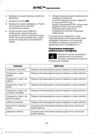 3. Выберите опцию поиска устройств
Bluetooth.
4. Нажмите кнопку OK.
5. Выберитеопцию«Добавить».После
этого запустится процесс
установления связи.
6. Когда на дисплее появится
сообщение, предлагающее
установить связь, выполните поиск
SYNC на вашем устройстве, чтобы
запустить процесс установления
связи.
7. Когданаэкраневашегомобильного
телефона появится
соответственный запрос, введите
6-значный ПИН-код,
предоставленный SYNC,на дисплее
аудиосистемы. При успешном
сопряжении на дисплее
отобразится соответствующее
сообщение.
Система может запросить у вас
подтверждение некоторых действий,
например, назначить ли текущий
телефон основным, загрузить ли
адресную книгу телефона и т.п.
Голосовые команды
мобильного телефона
Нажмите кнопку голосового
управления и по запросу
системы произнесите одну из
следующих команд:
ДействиеКоманда
Перед этой командой не нужно говорить слово «phone».позвонить [на имя]
Перед этой командой не нужно говорить слово «phone».Позвонить <имя>
домой
Перед этой командой не нужно говорить слово «phone».Позвонить <имя> на
работу
Перед этой командой не нужно говорить слово «phone».Позвонить <имя> в
бюро
Перед этой командой не нужно говорить слово «phone».Позвонить <имя> на
сотовый телефон
Перед этой командой не нужно говорить слово «phone».Позвонить <имя> на
другой номер
Перед этой командой не нужно говорить слово «phone».набрать [номер]
Следующие голосовые команды доступны только во
время звонка.
выключить громкую
связь
Следующие голосовые команды доступны только во
время звонка.
удержать звонок
314
Kuga (CBS) Vehicles Built From: 10-03-2014, Vehicles Built Up To: 07-09-2014, Russia, CG3616ruRUS ruRUS, Edition date: 07/2014, First Printing
SYNC™(при наличии)
http://ava-avto.ru/
 