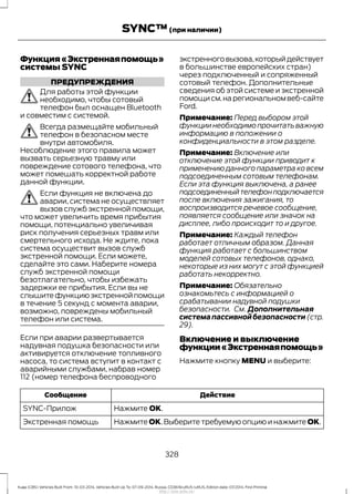 Функция«Экстреннаяпомощь»
системы SYNC
ПРЕДУПРЕЖДЕНИЯ
Для работы этой функции
необходимо, чтобы сотовый
телефон был оснащен Bluetooth
и совместим с системой.
Всегда размещайте мобильный
телефон в безопасном месте
внутри автомобиля.
Несоблюдение этого правила может
вызвать серьезную травму или
повреждение сотового телефона, что
может помешать корректной работе
данной функции.
Если функция не включена до
аварии, система не осуществляет
вызов служб экстренной помощи,
что может увеличить время прибытия
помощи, потенциально увеличивая
риск получения серьезных травм или
смертельного исхода. Не ждите, пока
система осуществит вызов служб
экстренной помощи. Если можете,
сделайте это сами. Наберите номера
служб экстренной помощи
безотлагательно, чтобы избежать
задержки ее прибытия. Если вы не
слышите функцию экстренной помощи
в течение 5 секунд с момента аварии,
возможно, повреждены мобильный
телефон или система.
Если при аварии развертывается
надувная подушка безопасности или
активируется отключение топливного
насоса, то система вступит в контакт с
аварийными службами, набрав номер
112 (номер телефона беспроводного
экстренноговызова,которыйдействует
в большинстве европейских стран)
через подключенный и сопряженный
сотовый телефон. Дополнительные
сведения об этой системе и экстренной
помощи см.на региональном веб-сайте
Ford.
Примечание: Перед выбором этой
функции необходимо прочитать важную
информацию в положении о
конфиденциальности в этом разделе.
Примечание: Включение или
отключение этой функции приводит к
применению данного параметра ко всем
подсоединенным сотовым телефонам.
Если эта функция выключена, а ранее
подсоединенныйтелефонподключается
после включения зажигания, то
воспроизводится речевое сообщение,
появляется сообщение или значок на
дисплее, либо происходит то и другое.
Примечание: Каждый телефон
работает отличным образом. Данная
функция работает с большинством
моделей сотовых телефонов, однако,
некоторые из них могут с этой функцией
работать некорректно.
Примечание: Обязательно
ознакомьтесь с информацией о
срабатывании надувной подушки
безопасности. См. Дополнительная
системапассивнойбезопасности (стр.
29).
Включение и выключение
функции«Экстреннаяпомощь»
Нажмите кнопку MENU и выберите:
ДействиеСообщение
Нажмите OK.SYNC-Прилож
Нажмите OK. Выберите требуемую опцию и нажмите OK.Экстренная помощь
328
Kuga (CBS) Vehicles Built From: 10-03-2014, Vehicles Built Up To: 07-09-2014, Russia, CG3616ruRUS ruRUS, Edition date: 07/2014, First Printing
SYNC™(при наличии)
http://ava-avto.ru/
 