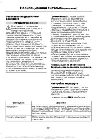 Безопасность дорожного
движения
ПРЕДУПРЕЖДЕНИЕ
Вождение с отвлеченным
вниманием может привести к
потере контроля над
автомобилем, аварии и телесным
повреждениям. Мы настоятельно
рекомендуем соблюдать крайнюю
осторожность при использовании
любых устройств, которые могут
отвлечь ваше внимание от дороги.
Вашапервоочереднаяответственность
— безопасная эксплуатация вашего
автомобиля. Мы рекомендуем
воздержатьсяотиспользованиялюбых
портативных устройств во время
вожденияипризываемповозможности
использовать системы с голосовым
управлением. Обязательно
ознакомьтесь с применимым местным
законодательством, регулирующим
использование электронных устройств
во время вождения.
Примечание: Вы несете полную
ответственность за безопасную
эксплуатацию своего автомобиля и
поэтому должны самостоятельно
оценивать степень безопасности
предлагаемого маршрута. Функции
навигации предоставляются только в
качестве помощи. Необходимо
принимать решения с учетом местных
условий и необходимости соблюдения
действующих правил дорожного
движения. Не следуйте по
рекомендованному маршруту, если
результатом этого может стать
небезопасныйилизапрещенныйманевр,
попадание в небезопасную ситуацию или
в место, которое вы считаете
небезопасным. Карты, используемые
системой, могут быть неточными из-за
ошибок, изменений дорог, дорожных
условий и условий движения.
Информация по обеспечению
безопасностидорожногодвижения
Если необходимо внимательно
ознакомиться с маршрутными
инструкциями, выберите безопасное
место вне дороги и припаркуйте
автомобиль.
Настройка маршрута
Примечание: После первого ввода
выбранная страна будет выбрана по
умолчанию, пока вы не измените ее
вручную.
Нажмите кнопку NAV и выберите:
ДействиеСообщение
Начиная сверху,выберите страну,затем почтовый индекс
или город,название улицы,номер дома или перекресток.
Введите подробные сведения о цели с помощью кнопок
со стрелками.
Ввод цели
После ввода всей необходимой информации выберите
этот пункт.
Начать навигацию
354
Kuga (CBS) Vehicles Built From: 10-03-2014, Vehicles Built Up To: 07-09-2014, Russia, CG3616ruRUS ruRUS, Edition date: 07/2014, First Printing
Навигационная система(при наличии)
http://ava-avto.ru/
 