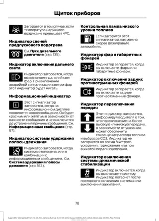 Загорается в том случае, если
температура наружного
воздуха не превышает 4°C.
Индикатор свечей
предпускового подогрева
См. Пуск дизельного
двигателя (стр. 135).
Индикаторвключениядальнего
света
Индикатор загорается, когда
вы включаете дальний свет
фар. При включении
аварийной сигнализации светом фар
этот индикатор будет мигать.
Информационный индикатор
Этот сигнализатор
загорается, когда на
информационном дисплее
появляетсяновоесообщение.Онбудет
красным или жёлтым в зависимости от
важности сообщения и не выключится
до устранения причины сообщения. См.
Информационные сообщения (стр.
87).
Индикаторсистемыудержания
полосы движения
Индикатор загорается, когда
система отключена, или в
комбинации с
информационным сообщением. См.
Система удержания полосы
движения (стр. 183).
Контрольная лампа низкого
уровня топлива
Если загорится этот
сигнализатор, как можно
скорее дозаправьте
автомобиль.
Индикатор фар и габаритных
фонарей
Индикатор загорается, когда
вы включаете фары или
габаритные фонари.
Индикатор включения задних
противотуманных фонарей
Индикатор загорается, когда
вы включаете задние
противотуманные фонари.
Индикатор переключения
передач
Этот индикатор загорается,
информируя водителя о том,
что переключение на более
высокуюилинизкуюпередачу,
в зависимости от указания,
может обеспечить
сокращение расхода топлива
и выбросов СО2. Индикатор не
загорается во время быстрого
ускорения, торможения или при
выжатой педали сцепления.
Индикатор выключения
системы динамической
стабилизации
Индикатор включается, когда
вы выключаете систему.
Индикатор погаснет после
повторного включения системы или
выключения зажигания.
78
Kuga (CBS) Vehicles Built From: 10-03-2014, Vehicles Built Up To: 07-09-2014, Russia, CG3616ruRUS ruRUS, Edition date: 07/2014, First Printing
Щиток приборов
http://ava-avto.ru/
 