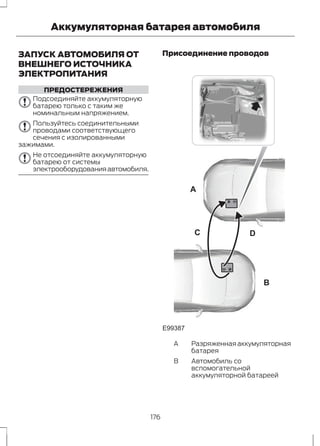 Аккумуляторная батарея автомобиля 
ЗАПУСК АВТОМОБИЛЯ ОТ 
ВНЕШНЕГО ИСТОЧНИКА 
ЭЛЕКТРОПИТАНИЯ 
ПРЕДОСТЕРЕЖЕНИЯ 
Подсоединяйте аккумуляторную 
батарею только с таким же 
номинальным напряжением. 
Пользуйтесь соединительными 
проводами соответствующего 
сечения с изолированными 
зажимами. 
Не отсоединяйте аккумуляторную 
батарею от системы 
электрооборудования автомобиля. 
Присоединение проводов 
A 
B 
C D 
E99387 
Разряженная аккумуляторная 
батарея 
A 
Автомобиль со 
вспомогательной 
аккумуляторной батареей 
B 
176 
 