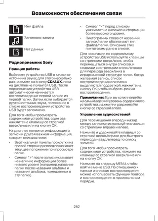 E100026 
Возможности обеспечения связи 
Имя файла 
E100027 
Заголовок записи 
E100028 
Нет данных 
Радиоприемник Sony 
Принцип работы 
Выберите устройство USB в качестве 
источника звука; для этого несколько 
раз нажмите на кнопку CD/AUX, пока 
на дисплее не появится USB. После 
подключения устройства USB 
автоматически начинается 
воспроизведение первой записи из 
первой папки. Затем, если выбирается 
другой источник звука, положение в 
списке воспроизведения устройства 
USB будет запомнено. 
Для того чтобы просмотреть 
содержимое устройства, один раз 
нажмите на клавишу со стрелкой 
вверх/вниз или на кнопку ОК. 
На дисплее появится информация о 
записи и другая важная информация, 
которая описана ниже: 
• Вертикальная панель прокрутки на 
правой стороне дисплея показывает 
текущее положение при просмотре 
папки. 
• Символ ">" после записи указывает 
на наличие информации более 
низкого уровня (например, название 
папки после названия альбома и 
названия альбома, помещенных в 
эту папку). 
• Символ "<" перед списком 
указывает на наличие информации 
более высокого уровня. 
• Пиктограммы слева от названий 
записи/папки обозначают тип 
файла/папки. Описание этих 
пиктограмм дано в списке. 
Для навигации по содержимому 
устройства USB используйте клавиши 
со стрелками вверх/вниз, чтобы 
перемещаться внутри списков, и 
клавиши со стрелками влево/вправо 
для перехода вверх/вниз в 
иерархической структуре папок. Когда 
желаемая запись, список 
воспроизведения или папка 
выделяются подсветкой, нажмите на 
кнопку ОК, чтобы выбрать режим 
воспроизведения. 
Примечание: Если вы хотите перейти 
на самый верхний уровень содержимого 
устройства, нажмите и удерживайте 
кнопку со стрелкой влево. 
Управление аудиосистемой 
Для перемещения вперед и назад 
между записями используйте клавиши 
со стрелками вправо и влево. 
Нажмите и удерживайте клавишу со 
стрелкой влево/вправо для быстрого 
перехода назад/вперед по списку 
записей. 
Для того чтобы просмотреть 
содержимое устройства, нажмите на 
клавишу со стрелкой вверх/вниз или 
на кнопку ОК. 
Нажмите на клавишу MENU, чтобы 
войти в меню USB. По отношению к 
папкам и спискам воспроизведения 
можно использовать функции повтора 
и воспроизведения в произвольном 
порядке. 
262 
 