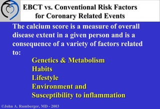 The calcium score is a measure of overall
disease extent in a given person and is a
consequence of a variety of factors related
to:
EBCT vs. Conventional Risk FactorsEBCT vs. Conventional Risk Factors
for Coronary Related Eventsfor Coronary Related Events
Genetics & MetabolismGenetics & Metabolism
HabitsHabits
LifestyleLifestyle
Environment andEnvironment and
Susceptibility to inflammationSusceptibility to inflammation
©John A. Rumberger, MD - 2003
 