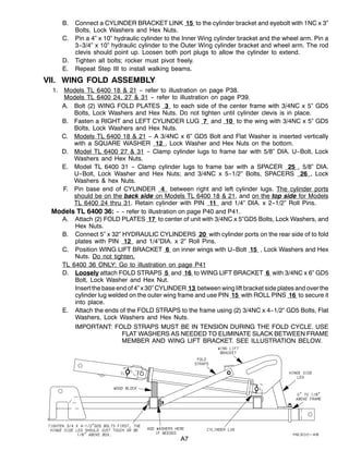 A7
B. Connect a CYLINDER BRACKET LINK 15 to the cylinder bracket and eyebolt with 1NC x 3”
Bolts, Lock Washers and Hex Nuts.
C. Pin a 4” x 10” hydraulic cylinder to the Inner Wing cylinder bracket and the wheel arm. Pin a
3--3/4” x 10” hydraulic cylinder to the Outer Wing cylinder bracket and wheel arm. The rod
clevis should point up. Loosen both port plugs to allow the cylinder to extend.
D. Tighten all bolts; rocker must pivot freely.
E. Repeat Step III to install walking beams.
VII. WING FOLD ASSEMBLY
1. Models TL 6400 18 & 21 -- refer to illustration on page P38.
Models TL 6400 24, 27 & 31 -- refer to illustration on page P39.
A. Bolt (2) WING FOLD PLATES 3 to each side of the center frame with 3/4NC x 5” GD5
Bolts, Lock Washers and Hex Nuts. Do not tighten until cylinder clevis is in place.
B. Fasten a RIGHT and LEFT CYLINDER LUG 7 and 10 to the wing with 3/4NC x 5” GD5
Bolts, Lock Washers and Hex Nuts.
C. Models TL 6400 18 & 21 -- A 3/4NC x 6” GD5 Bolt and Flat Washer is inserted vertically
with a SQUARE WASHER 12 , Lock Washer and Hex Nuts on the bottom.
D. Model TL 6400 27 & 31 -- Clamp cylinder lugs to frame bar with 5/8” DIA. U--Bolt, Lock
Washers and Hex Nuts.
E. Model TL 6400 31 -- Clamp cylinder lugs to frame bar with a SPACER 25 , 5/8” DIA.
U--Bolt, Lock Washer and Hex Nuts; and 3/4NC x 5--1/2” Bolts, SPACERS 26 , Lock
Washers & hex Nuts.
F. Pin base end of CYLINDER 4 between right and left cylinder lugs. The cylinder ports
should be on the back side on Models TL 6400 18 & 21, and on the top side for Models
TL 6400 24 thru 31. Retain cylinder with PIN 11 and 1/4” DIA. x 2--1/2” Roll Pins.
Models TL 6400 36: -- -- refer to illustration on page P40 and P41.
A. Attach (2) FOLD PLATES 17 to center of unit with 3/4NC x 5”GD5 Bolts, Lock Washers, and
Hex Nuts.
B. Connect 5” x 32” HYDRAULIC CYLINDERS 20 with cylinder ports on the rear side of to fold
plates with PIN 12 and 1/4”DIA. x 2” Roll Pins.
C. Position WING LIFT BRACKET 6 on inner wings with U--Bolt 15 , Lock Washers and Hex
Nuts. Do not tighten.
TL 6400 36 ONLY: Go to illustration on page P41
D. Loosely attach FOLD STRAPS 5 and 16 to WING LIFT BRACKET 6 with 3/4NC x 6” GD5
Bolt, Lock Washer and Hex Nut.
Insert the base end of 4” x 30” CYLINDER 13 between wing lift bracket side plates and over the
cylinder lug welded on the outer wing frame and use PIN 15 with ROLL PINS 16 to secure it
into place.
E. Attach the ends of the FOLD STRAPS to the frame using (2) 3/4NC x 4--1/2” GD5 Bolts, Flat
Washers, Lock Washers and Hex Nuts.
IMPORTANT: FOLD STRAPS MUST BE IN TENSION DURING THE FOLD CYCLE. USE
FLAT WASHERS AS NEEDED TO ELIMINATE SLACK BETWEEN FRAME
MEMBER AND WING LIFT BRACKET. SEE ILLUSTRATION BELOW.
 