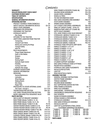 3
Contents Rev.10/11
WARRANTY
DEALER PREDELIVERY CHECK SHEET 1
CUSTOMER REVIEW SHEET 2
TABLE OF CONTENTS 3
SPECIFICATIONS 4
GENERAL INFORMATION DRAWING 5
OPERATING SECTION
PROTECT YOURSELF FROM CHEMICALS O2
SAFETY DECALS / INFORMATIVE DECALS O3--O4
ABOUT YOUR LANDSMAN O5
PREPARING FOR OPERATION O5
PREPARING THE TRACTOR O6
HYDRAULIC SAFETY O6
Disc Gangs O7
HITCHING TO THE TRACTOR O7
UNHITCHING LANDSTAR FROM TRACTOR O8
Transporting O9
Transport Lock Valves O9
Raising and Lowering the Wings O9
Transport Safety O10
Hitch Pin O10
FIELD ADJUSTMENTS O11
Tongue Height Adjustment O11
Depth of Disc Blades O12
Scrapers O13
Sweeps O13
Working Depth O13
Hydraulic Depth Control O13
Flexibility O13
Turning in the Field O13
Hydraulic Disc Gangs O14
STORAGE SUGGESTIONS O14
GENERAL INFORMATION O14
SERVICING O14
General Maintenance O14
Lubrication O15
Wheel Bearings O15
Walking Beams O15
Disc Gangs O15
Repair Parts O16
PROCEDURE TO LOCATE INTERNAL LEAKS O17
Test Cases 1 through 5 O17--O19
TROUBLESHOOTING SECTION O20--O21
HYD. GANG TROUBLESHOOTING SECTION O22
MODEL 6336 WING FOLD SEQUENCE VALVE O23
PARTS SECTION
SMV & LIGHT KIT BRACKET ASSEMBLY P1
MAIN FRAME (Models TL6400 9, 12, 15) P2
MAIN FRAME (Models TL6400, 18, 21, 24) P3
MAIN FRAME (Models TL6400 27,31,36) P4--P5
CENTER ROCKER (Models TL6400 9,12,15) P6--P7
CENTER ROCKER (Models TL6400 18,21,24) P8--P9
CENTER ROCKER (Models TL6400 27 thru 36) P10--P11
RIGID TONGUE (Models TL6400 9 thru 24) P12--P13
RIGID TONGUE (Models TL6400 27 thru 36) P14--P15
CUSHION TONGUE (Models TL6400 9 thru 36) P16--P17
WING FRAMES (MODEL TL6400 18 thru 31) P18--P19
WING ROCKER (MODEL TL6400 18 thru 31) P20--P21
WING FRAMES & ROCKERS (TL6400--36) P22--P23
WALKING BEAM ASSEMBLIES P24--P25
GAUGE WHEEL ASSEMBLY P26--P27
WHEELS & TIRES P28
TIE ROD INFORMATION CHART P29
DISC GANG & BEARING ARM ASSEMBLY P30--P31
XT270 SHANK ASSEMBLY P32
SPRING SHANK ASSEMBLY P33
LEFT & RIGHT STAR WHEEL ASSEMBLIES P34--P35
WING LIFT GROUP (TL6400 -- 18 thru 31) P36--P37
INSIDE/OUTSIDE WING LIFT (TL6400--36) P38--P39
DEPTH VALVE ASSEMBLY P40
HYD. HOSE STAND & LOCK VALVE BRACKET P41
HYDRAULICS (MODELS TL6400 9,12,15) P42--P43
HYDRAULICS (MODEL TL6400 18,21) P44--P45
HYDRAULICS (MODELS TL6400 24) P46--P47
HYDRAULICS (MODEL TL6400 27,31) P48--P49
HYDRAULICS (MODEL TL6400 36) P50--P51
HYDRAULIC HOSE W/PLASTIC GRIP ASS’M. P52
PRINCE CYLINDER 4--1/4” X 10” P53
PRINCE CYLINDER 4” X 10” P54
PRINCE CYLINDER 3--3/4” X 10” P55
PRINCE CYLINDER 4” X 24” P56
PRINCE CYLINDER 4” X 30” P57
PRINCE CYLINDER 4” X 32” P58
PRINCE CYLINDER 5” x 32” P59
PRINCE CYLINDER 2” X 5--7/8” P60
CYLINDER SUPPORT ASSEMBLY P61
DISC GANG HYDRAULIC HOSE & FITTINGS P62
PACKER HITCH ASSEMBLY P63
HYDRAULIC DISC GANG PLACEMENTS P64--P69
DECALS & REFLECTORS P70--P71
LIGHT KIT P72
REAR RECEPTACLE PARTS P73--P74
ASSEMBLY SECTION
GENERAL ASSEMBLY INSTRUCTIONS A1
CENTER FRAME ASSEMBLY A2
TONGUE ASSEMBLY A4
WALKING BEAM ASSEMBLY A5
SELF SUPPORTING CENTER SECTION A5
WING FRAMES & ROCKERS A5--A7
WING FOLD ASSEMBLY A7
GANG BEAMS -- SCRAPER BAR A8
UNASSEMBLED GANGS/REPAIR SEQUENCE A9--A10
DISC SCRAPER A11
SHANK EXTENSION ASSEMBLY A11
SPRING SHANKS & STAR WHEELS A11
HYDRAULICS ASSEMBLY A12--A14
DISC GANG HYDRAULICS ASSEMBLY A14
DECALS & LIGHT KIT A15
LIGHT KIT ILLUSTRATION & FINAL CHECK A16
PLACEMENT DRAWINGS FOR MODELS:
TL6400--9 A18--A19 TL 6400--24 A28--A29
TL 6400--12 A20--A21 TL 6400--27 A30--A31
TL 6400--15 A22--A23 TL 6400--31 A32--A33
TL 6400--18 A24--A25 TL 6400--36 A34--A35
TL 6400--21 A26--A27
PARTS INDEX Index 1--5
 