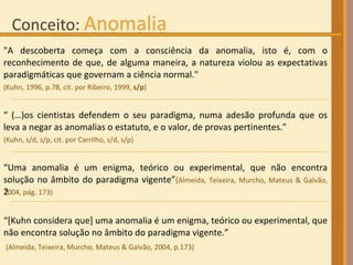 "A descoberta começa com a consciência da anomalia, isto é, com o reconhecimento de que, de alguma maneira, a natureza violou as expectativas paradigmáticas que governam a ciência normal."  (Kuhn, 1996, p.78, cit. por Ribeiro, 1999,  s/p ) “  (…)os cientistas defendem o seu paradigma, numa adesão profunda que os leva a negar as anomalias o estatuto, e o valor, de provas pertinentes.”  (Kuhn, s/d, s/p, cit. por Carrilho, s/d, s/p) “ Uma anomalia é um enigma, teórico ou experimental, que não encontra solução no âmbito do paradigma vigente” ( Almeida, Teixeira, Murcho, Mateus & Galvão, 2004, pág. 173) ‏ “ [Kuhn considera que] uma anomalia é um enigma, teórico ou experimental, que não encontra solução no âmbito do paradigma vigente.” (Almeida, Teixeira, Murcho, Mateus & Galvão, 2004, p.173) 
