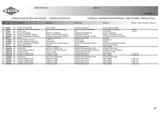 97
HYDRAULIQUE DE REPLIAGE ROULEA HYDRAULICS ROLLER HYDRAULIK RAHMENEINSCHWENKUNG TUBI FLESSIBILI IDRAULICI RULL
DISCOVER XL2 C0001 >
H24R0069 C
Rep Nr Qt Designation Description Bezeichnung Referenza Remarque - Remark - Bemerkung - Osservazioni
001 952365 001 CLAPET ANTI-RETOUR VALVE, CHECK RUECKSCHLAGVENTIL VALVOLA ANTI-RITORNO
002 952162 001 POCHETTE JOINTS 95216O-952161 SEALS PACKET (952160-952161) DICHTSATZ FUER 952160-952161 COLLEZIONE GUARNIZIONI : 952161
002 951909 001 COLLECTION KIT SATZ COLLEZIONE : 952372
003 952232 001 BLOC HYDRAULIQUE MANIFOLD, HYDRAULIC HYDRAULIK-STEUERBLOCK BLOCCO IDRAULICO
004 80270803 002 RONDELLE GROWER FE/ZNXC3 SPRING LOCK WASHER FE/ZNXC3 FEDERRING FE/ZNXC3 RONDELLA GROWER FE/ZNXC3
005 80060857 002 VIS TETE HEXAGONALE FE/ZNXC3 HEXAGON HEAD SCREW FE/ZNXC3 SECHSKANTSCHRAUBE FE/ZNXC3 VITE TESTA ESAGONALE FE/ZNXC3
006 952160 001 VERIN CYLINDER, HYDRAULIC HYDRAULIKZYLINDER CILINDRO
007 A7260046 005 COLLIER DOUBLE D20 NU CLAMP D.20 SCHELLE D.20 COLLARE D.20
008 A7260017 005 PL SUP/C. DOUBLE D19/20/22/25 UPPER PLATE PLATTE OBERE PIASTRA
009 80060846 005 VIS TETE HEXAGONALE FE/ZNXC3 HEXAGON HEAD SCREW FE/ZNXC3 SECHSKANTSCHRAUBE FE/ZNXC3 VITE TESTA ESAGONALE FE/ZNXC3
010 951197 004 GAINE CAOUTCHOUC SHEATHE HUELLE GUAINA CAOUTCHOUC
011 H2417970 002 TUYAU HYDRAULIQUE TUBING, HYDRAULIC HYDRAULIKSCHLAUCH TUBO GOMMA
012 A4080430 002 UNION MALE MALE STUD CONNECTOR GERADER EINSCHRAUBSTUTZEN GIUZIONE DIRITTA ZBC
013 A4080306 002 UNION DOUBLE FE/ZNXC3 STRAIGHT COUPLING FE/ZNXC3 GERADE VERSCHRAUBUNG FE/ZNXC3 GIUNZIONE DIRITTA FE/ZNXC3
014 A4081010 002 TE EGAL NU ZBC EQUAL TEE ZBC T-VERSCHRAUBUNG ZBC GIUNZIONE A T ZBC
015 A4923146 001 FLEXIBLE HYDRAULIQUE HYDRAULIC HOSE HYDRAULIKSCHLAUCH TUBO GOMMA <->1450 mm
016 A4923146 001 FLEXIBLE HYDRAULIQUE HYDRAULIC HOSE HYDRAULIKSCHLAUCH TUBO GOMMA <->1450 mm
017 A4080429 004 UNION MALE MALE STUD CONNECTOR GERADER EINSCHRAUBSTUTZEN GIUZIONE DIRITTA ZBC
018 A4923031 001 FLEXIBLE HYDRAULIQUE HYDRAULIC HOSE HYDRAULIKSCHLAUCH TUBO GOMMA <->950 mm
019 A4923031 001 FLEXIBLE HYDRAULIQUE HYDRAULIC HOSE HYDRAULIKSCHLAUCH TUBO GOMMA <->950 mm
020 A4923031 001 FLEXIBLE HYDRAULIQUE HYDRAULIC HOSE HYDRAULIKSCHLAUCH TUBO GOMMA <->950 mm
021 A4923031 001 FLEXIBLE HYDRAULIQUE HYDRAULIC HOSE HYDRAULIKSCHLAUCH TUBO GOMMA <->950 mm
 