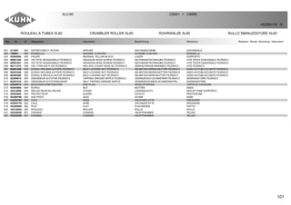 101
ROULEAU A TUBES XL60 CRUMBLER ROLLER XL60 ROHRWALZE XL60 RULLO SMINUZZATORE XL60
XL2-60 C0001 C9999>
H22R0170 D
Rep Nr Qt Designation Description Bezeichnung Referenza Remarque - Remark - Bemerkung - Osservazioni
001 211957 004 ENTRETOISE P. ROTOR SPACER DISTANZSCHEIBE DISTANZIALE
002 750961 002 RONDELLE WASHER D100 EP6 SCHEIBE D100 EP6 RONDELLA
003 52563800 004 PALIER BEARING, PILLOW BLOCK LAGER SUPPORTO
004 80061294 008 VIS TETE HEXAGONALE FE/ZNXC3 HEXAGON HEAD SCREW FE/ZNXC3 SECHSKANTSCHRAUBE FE/ZNXC3 VITE TESTA ESAGONALE FE/ZNXC3
005 80061661 008 VIS TETE HEXAGONALE FE/ZNXC3 HEXAGON HEAD SCREW FE/ZNXC3 SECHSKANTSCHRAUBE FE/ZNXC3 VITE TESTA ESAGONALE FE/ZNXC3
006 80111275 008 VIS T.FRAI.SIX P.CR.FE/ZNXC3 HEX.SOC.COUNT.HEAD SC.FE/ZNXC3 SENKSCHRAUB.INNENSEC.FE/ZNXC3 VITE FE/ZNXC3
007 80201240 016 ECROU HEX.BAS AUTOFR.FE/ZNXC3 SELF-LOCKING NUT FE/ZNXC3 SELBSTSICHERND.MUTTER FE/ZNXC3 DADO AUTOBLOCCANTE FE/ZNXC3
008 80201640 008 ECROU HEX.BAS AUTOFR.FE/ZNXC3 SELF-LOCKING NUT FE/ZNXC3 SELBSTSICHERND.MUTTER FE/ZNXC3 DADO AUTOBLOCCANTE FE/ZNXC3
009 80205566 002 ECROU A ENCOCH.AUTOF.FE/ZNXC3 SELF-LOCKING NUT FE/ZNXC3 SELBSTSICHERN.MUTTER FE/ZNXC3 DADO AUTOBLOCCANTE FE/ZNXC3
010 82200815 004 GRAISSEUR AUTOTAR.FE/ZNXC3 TAPPING GREASE NIPPLE FE/ZNXC3 GEWINDESCH.SCHMIERNIP.FE/ZNXC3 INGRASSATORE FE/ZNXC3
011 82201016 004 GRAISSEUR AUTOTARAUDANT SELF TAPPING GREASE NIPPLE GEWINDESCHNEID-SCHMIERNIPPEL INGRASSATORE
012 83040072 004 BOUCHON D'OBTURATION END PLUG KEGELSTOPFEN TAPPO DI CHIUSURA
013 52503600 004 ECROU NUT MUTTER DADO
014 52514000 004 DEFLECTEUR DU PALIER COVER LAGERSCHUTZ DEFLETTORE SUPPORTO
015 52563600 004 PROTECTEUR GUARD SCHUTZ PROTEZIONE
016 H2200780 002 AXE PIVOT AXLE ACHSE ASSE
017 H2205760 002 CALE SHIM DISTANZPLATTE SPESSORE
018 H2205770 002 CALE SHIM DISTANZPLATTE SPESSORE
019 H2205850 002 PLAT FLAT FLACHEISEN PIATTO
020 H2219000 002 ROULEAU ROLLER ROLLE RULLO
021 H2230240 001 CHASSIS CHASSIS HAUPTRAHMEN TELAIO
022 H2230250 001 CHASSIS CHASSIS HAUPTRAHMEN TELAIO
 