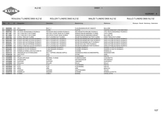 107
ROULEAU T-LINER2 D600 XL2 52 ROLLER T-LINER2 D600 XL2 52 WALZE T-LINER2 D600 XL2 52 RULLO T-LINER2 D600 XL2 52
XL2-52 D0001 >
H22R0561 A
Rep Nr Qt Designation Description Bezeichnung Referenza Remarque - Remark - Bemerkung - Osservazioni
001 50005500 044 VIS J BOLT, J FLACHRUNDSCHR.4KT ANSATZ BULLONE
002 52560010 044 PLAQUETTE PLATE PLATTE PIASTRA RASCHIAT.CON RINFORZO
003 80061693 008 VIS TETE HEXAGONALE FE/ZNXC3 HEXAGON HEAD SCREW FE/ZNXC3 SECHSKANTSCHRAUBE FE/ZNXC3 VITE TESTA ESAGONALE FE/ZNXC3
004 80111667 024 VIS T.FRAI.SIX P.CR.FLZNNC HEX.SOC.COUNT.HEAD SC.FLZNNC SENKSCHRAUB.INNENSEC.FLZNNC VITE FLZNNC
005 80112080 016 VIS T.FRAI.SIX P.CR.FLZNNC HEX.SOCK.COUNT.HEAD SCREW SENKSCHRAUB.INNENSECHSKANT BULLONE CR
006 80201062 044 ECROU TWOLOK FLZNNC SELF-LOCKING NUT FLZNNC SELBSTSICHERNDE MUTTER FLZNNC DADO TWOLOCK FLZNNC
007 80201240 008 ECROU HEX.BAS AUTOFR.FE/ZNXC3 SELF-LOCKING NUT FE/ZNXC3 SELBSTSICHERND.MUTTER FE/ZNXC3 DADO AUTOBLOCCANTE FE/ZNXC3
008 80201640 008 ECROU HEX.BAS AUTOFR.FE/ZNXC3 SELF-LOCKING NUT FE/ZNXC3 SELBSTSICHERND.MUTTER FE/ZNXC3 DADO AUTOBLOCCANTE FE/ZNXC3
009 80201647 024 ECROU HEX.AUTOFREINE FE/ZNXC3 SELF-LOCKING NUT FE/ZNXC3 SELBSTSICHERNDE MUTT.FE/ZNXC3 DADO AUTOBLOCCANTE FE/ZNXC3
010 80202030 016 ECROU HEX.AUTOFREINE FE/ZNXC3 SELF-LOCKING NUT FE/ZNXC3 SELBSTSICH.MUTTER FE/ZNXC3 DADO AUTOBLOCCANTE FE/ZNXC3
011 80205566 002 ECROU A ENCOCH.AUTOF.FE/ZNXC3 SELF-LOCKING NUT FE/ZNXC3 SELBSTSICHERN.MUTTER FE/ZNXC3 DADO AUTOBLOCCANTE FE/ZNXC3
012 80251624 008 RONDELLE PLATE FE/ZNXC3 PLAIN WASHER FE/ZNXC3 SCHEIBE FE/ZNXC3 RONDELLA PIATTA FE/ZNXC3
013 80252026 016 RONDELLE PLATE FE/ZNXC3 PLAIN WASHER FE/ZNXC3 SCHEIBE FE/ZNXC3 RONDELLA PIATTA FE/ZNXC3
014 80281725 008 RONDELLE NORD LOCK NL16 DELTA WASHER SCHEIBE RONDELLA
015 82201016 004 GRAISSEUR AUTOTARAUDANT SELF TAPPING GREASE NIPPLE GEWINDESCHNEID-SCHMIERNIPPEL INGRASSATORE
016 H2200780 002 AXE PIVOT AXLE ACHSE ASSE
017 H2204880 004 PLAT FLAT FLACHEISEN PIATTO
018 H2228590 004 PALIER APPLIQUE BEARING, FLANGE FLANSCHLAGER CUSCINETTO
019 H2230830 004 ENTRETOISE SPACER DISTANZHUELSE DISTANZIALE
020 H2230890 002 SUPPORT SUPPORT TRAEGER SUPPORTO
021 H2230900 002 ROULEAU ROLLER ROLLE RULLO
022 H2232610 002 PLAT FLAT FLACHEISEN PIATTO
023 H2232620 002 PLAT FLAT FLACHEISEN PIATTO
024 H2232630 004 BRAS ARM ARM BRACCIO
025 H2232640 002 CHASSIS CHASSIS HAUPTRAHMEN TELAIO
026 H2420780 002 RONDELLE WASHER SCHEIBE RONDELLA PIATTA
027 K3004810 004 ETRIER U-BOLT BUEGEL CAVALLOTTO
 