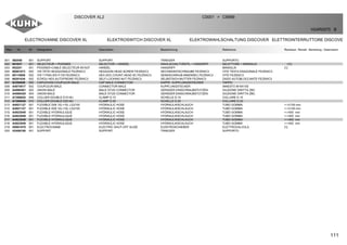 111
ELECTROVANNE DISCOVER XL ELEKTROSWITCH DISCOVER XL ELEKTROWAHLSCHALTUNG DISCOVER ELETTROINTERRUTTORE DISCOVER
DISCOVER XL2 C0001 C9999>
H24R0075 B
Rep Nr Qt Designation Description Bezeichnung Referenza Remarque - Remark - Bemerkung - Osservazioni
001 582548 001 SUPPORT SUPPORT TRAEGER SUPPORTO
002 951637 001 SELECTEUR + POIGNEE SELECTOR + HANDEL WAHLSCHALTVENTIL + HANGRIFF SELETTORE + MANIGLIA +[1]
003 952251 001 POIGNEE+CABLE SELECTEUR 951637 HANDEL HANGRIFF MANIGLIA [1]
004 80061073 002 VIS TETE HEXAGONALE FE/ZNXC3 HEXAGON HEAD SCREW FE/ZNXC3 SECHSKANTSCHRAUBE FE/ZNXC3 VITE TESTA ESAGONALE FE/ZNXC3
005 80110806 002 VIS T.FRAI.SIX P.CR.FE/ZNXC3 HEX.SOC.COUNT.HEAD SC.FE/ZNXC3 SENKSCHRAUB.INNENSEC.FE/ZNXC3 VITE FE/ZNXC3
006 80201030 002 ECROU HEX.AUTOFREINE FE/ZNXC3 SELF-LOCKING NUT FE/ZNXC3 SELBSTSICH.MUTTER FE/ZNXC3 DADO AUTOBLOCCANTE FE/ZNXC3
007 82300026 002 CAPUCHON COUPLEUR MALE CAP MALE CONNECTOR KAPPE KUPPLUNGSSTECKER TAPPO
008 A4074017 002 COUPLEUR MALE CONNECTOR MALE KUPPLUNGSTECKER INNESTO M16X150
009 A4080401 002 UNION MALE MALE STUD CONNECTOR GERADER EINSCHRAUBSTUTZEN GIUZIONE DIRITTA ZBC
010 A4080429 004 UNION MALE MALE STUD CONNECTOR GERADER EINSCHRAUBSTUTZEN GIUZIONE DIRITTA ZBC
011 A7260042 009 COLLIER DOUBLE D15 NU CLAMP D.15 SCHELLE D.15 COLLARE D.15
012 A7260046 010 COLLIER DOUBLE D20 NU CLAMP D.20 SCHELLE D.20 COLLARE D.20
013 A4921127 001 FLEXIBLE D08 10L+10L LG2100 HYDRAULIC HOSE HYDRAULIKSCHLAUCH TUBO GOMMA <->2100 mm
014 A4921127 001 FLEXIBLE D08 10L+10L LG2100 HYDRAULIC HOSE HYDRAULIKSCHLAUCH TUBO GOMMA <->2100 mm
015 A4923049 001 FLEXIBLE HYDRAULIQUE HYDRAULIC HOSE HYDRAULIKSCHLAUCH TUBO GOMMA <->400 mm
016 A4923049 001 FLEXIBLE HYDRAULIQUE HYDRAULIC HOSE HYDRAULIKSCHLAUCH TUBO GOMMA <->400 mm
017 A4923049 001 FLEXIBLE HYDRAULIQUE HYDRAULIC HOSE HYDRAULIKSCHLAUCH TUBO GOMMA <->400 mm
018 A4923049 001 FLEXIBLE HYDRAULIQUE HYDRAULIC HOSE HYDRAULIKSCHLAUCH TUBO GOMMA <->400 mm
019 H0601070 001 ELECTROVANNE ELECTRIC SHUT-OFF SLIDE ELEKTROSCHIEBER ELETTROVALVOLA [1]
020 H2408190 001 SUPPORT SUPPORT TRAEGER SUPPORTO
 