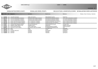 117
SIGNALISATION DRIRE (AVANT) SIGNALLING DRIRE (FRONT) BELEUCHTUNG U.WARNTAFELN DRIRE SEGNALAZIONE DRIRE (ANTERIORE)
DISCOVER XL2 C0001 C9999>
H24R0081 B
Rep Nr Qt Designation Description Bezeichnung Referenza Remarque - Remark - Bemerkung - Osservazioni
001 83090039 016 COLLIER PLASTIQUE CABLE TIE PLASTIC KABELBINDER PLASTIK FASCETTA
002 80061020 004 VIS TETE HEXAGONALE FE/ZNXC3 HEXAGON HEAD SCREW FE/ZNXC3 SECHSKANTSCHRAUBE FE/ZNXC3 VITE A TESTA ESAGONALE FE/ZNXC
003 80061073 004 VIS TETE HEXAGONALE FE/ZNXC3 HEXAGON HEAD SCREW FE/ZNXC3 SECHSKANTSCHRAUBE FE/ZNXC3 VITE TESTA ESAGONALE FE/ZNXC3
004 80062076 008 VIS TETE HEXAGONALE FE/ZNXC3 HEXAGON HEAD SCREW FE/ZNXC3 SECHSKANTSCHRAUBE FE/ZNXC3 VITE TESTA ESAGONALE FE/ZNXC3
005 80200540 004 ECROU HEX.BAS AUTOFR.FE/ZNXC3 SELF-LOCKING NUT FE/ZNXC3 SELBSTSICHERND.MUTTER FE/ZNXC3 DADO AUTOBLOCCANTE FE/ZNXC3
006 80201030 008 ECROU HEX.AUTOFREINE FE/ZNXC3 SELF-LOCKING NUT FE/ZNXC3 SELBSTSICH.MUTTER FE/ZNXC3 DADO AUTOBLOCCANTE FE/ZNXC3
007 80202040 008 ECROU HEX.BAS AUTOFR.FE/ZNXC3 SELF-LOCKING NUT FE/ZNXC3 SELBSTSICHERND.MUTTER FE/ZNXC3 DADO AUTOBLOCCANTE FE/ZNXC3
008 83240017 010 CATADIOPTRE ORANGE ADHESIF REFLECTOR ADHESIVE RUECKSTRAHLER S.KLEB. CATADIOTTRO
009 83240212 002 PANNEAU CARRE SIMPLE-FACE WARNING PLATE WARNTAFEL PANNELLO B/R ANT.
010 83240404 002 FEU DE POSITION BLANC FRONT LAMP WHITE BEGRENZUNGSLICHT WEISS FANALINO BIANCO
011 80080610 016 VIS TETE CYL.SIX P.CREUX HEX.SOCKET HEAD CAP SCREW ZYLINDERSCHR.INNENSECHSK. VITE
012 H2217320 002 CALE SHIM DISTANZPLATTE SPESSORE
013 H2400740 002 PATTE PLATE LACHE FAZZOLETTO
014 H2401380 016 ATTACHE CABLE M6 SUPPORT HALTERUNG SUPPORTO
015 H2405250 002 SUPPORT SUPPORT TRAEGER SUPPORTO
016 H2408930 002 SUPPORT SUPPORT TRAEGER SUPPORTO
 
