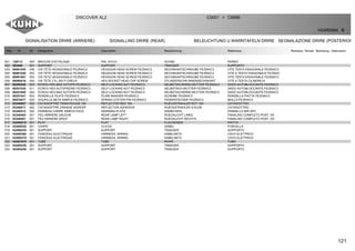 121
SIGNALISATION DRIRE (ARRIERE) SIGNALLING DRIRE (REAR) BELEUCHTUNG U.WARNTAFELN DRIRE SEGNALAZIONE DRIRE (POSTERIORE
DISCOVER XL2 C0001 C9999>
H24R0084 B
Rep Nr Qt Designation Description Bezeichnung Referenza Remarque - Remark - Bemerkung - Osservazioni
001 139113 004 BROCHE D'ATTELAGE PIN, HITCH ACHSE PERNO
002 583440 001 SUPPORT SUPPORT TRAEGER SUPPORTO
003 80061055 008 VIS TETE HEXAGONALE FE/ZNXC3 HEXAGON HEAD SCREW FE/ZNXC3 SECHSKANTSCHRAUBE FE/ZNXC3 VITE TESTA ESAGONALE FE/ZNXC3
004 80061020 003 VIS TETE HEXAGONALE FE/ZNXC3 HEXAGON HEAD SCREW FE/ZNXC3 SECHSKANTSCHRAUBE FE/ZNXC3 VITE A TESTA ESAGONALE FE/ZNXC
005 80061667 004 VIS TETE HEXAGONALE FE/ZNXC3 HEXAGON HEAD SCREW FE/ZNXC3 SECHSKANTSCHRAUBE FE/ZNXC3 VITE TESTA ESAGONALE FE/ZNXC3
006 80080516 004 VIS TETE CYL.SIX P.CREUX HEX.SOCKET HEAD CAP SCREW ZYLINDERSCHR.INNENSECHSKANT VITE A TESTA CILINDRICA
007 80200540 004 ECROU HEX.BAS AUTOFR.FE/ZNXC3 SELF-LOCKING NUT FE/ZNXC3 SELBSTSICHERND.MUTTER FE/ZNXC3 DADO AUTOBLOCCANTE FE/ZNXC3
008 80201030 011 ECROU HEX.AUTOFREINE FE/ZNXC3 SELF-LOCKING NUT FE/ZNXC3 SELBSTSICH.MUTTER FE/ZNXC3 DADO AUTOBLOCCANTE FE/ZNXC3
009 80201640 004 ECROU HEX.BAS AUTOFR.FE/ZNXC3 SELF-LOCKING NUT FE/ZNXC3 SELBSTSICHERND.MUTTER FE/ZNXC3 DADO AUTOBLOCCANTE FE/ZNXC3
010 80251021 003 RONDELLE PLATE FE/ZNXC3 PLAIN WASHER FE/ZNXC3 SCHEIBE FE/ZNXC3 RONDELLA PIATTA FE/ZNXC3
011 80570477 004 GOUPILLE BETA SIMPLE FE/ZNXC3 SPRING COTTER PIN FE/ZNXC3 FEDERSTECKER FE/ZNXC3 MOLLA FE/ZNXC3
012 83240007 002 CATADIOPTRE TRIAN.ROUGE 160 REFLECTOR RED 160 RUECKSTRAHLER ROT 160 CATADIOTTRO
013 83240017 002 CATADIOPTRE ORANGE ADHESIF REFLECTOR ADHESIVE RUECKSTRAHLER S.KLEB. CATADIOTTRO
014 83240212 002 PANNEAU CARRE SIMPLE-FACE WARNING PLATE WARNTAFEL PANNELLO B/R ANT.
015 83240400 001 FEU ARRIERE GAUCHE REAR LAMP LEFT RUECKLICHT LINKS FANALINO COMPLETO POST. SX
016 83240401 001 FEU ARRIERE DROIT REAR LAMP RIGHT RUECKLICHT RECHTS FANALINO COMPLETO POST. DX
017 H2400210 001 PLAT FLAT FLACHEISEN PIATTO
018 H2400220 001 CHAPE CLEVIS GABEL FORCELLA
019 H2400230 001 SUPPORT SUPPORT TRAEGER SUPPORTO
020 H2400360 001 FAISCEAU ELECTRIQUE HARNESS, WIRING KABELNETZ CAVO ELETTRICO
021 H2400370 001 FAISCEAU ELECTRIQUE HARNESS, WIRING KABELNETZ CAVO ELETTRICO
022 H2401870 001 TUBE TUBE ROHR TUBO
023 H2405230 001 SUPPORT SUPPORT TRAEGER SUPPORTO
024 H2405240 001 SUPPORT SUPPORT TRAEGER SUPPORTO
 