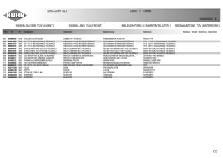 123
SIGNALISATION TÜV (AVANT) SIGNALLING TÜV (FRONT) BELEUCHTUNG U.WARNTAFELN TÜV ( SEGNALAZIONE TÜV (ANTERIORE)
DISCOVER XL2 C0001 C9999>
H24R0083 B
Rep Nr Qt Designation Description Bezeichnung Referenza Remarque - Remark - Bemerkung - Osservazioni
001 83090039 016 COLLIER PLASTIQUE CABLE TIE PLASTIC KABELBINDER PLASTIK FASCETTA
002 80061020 004 VIS TETE HEXAGONALE FE/ZNXC3 HEXAGON HEAD SCREW FE/ZNXC3 SECHSKANTSCHRAUBE FE/ZNXC3 VITE A TESTA ESAGONALE FE/ZNXC
003 80061073 004 VIS TETE HEXAGONALE FE/ZNXC3 HEXAGON HEAD SCREW FE/ZNXC3 SECHSKANTSCHRAUBE FE/ZNXC3 VITE TESTA ESAGONALE FE/ZNXC3
004 80062076 008 VIS TETE HEXAGONALE FE/ZNXC3 HEXAGON HEAD SCREW FE/ZNXC3 SECHSKANTSCHRAUBE FE/ZNXC3 VITE TESTA ESAGONALE FE/ZNXC3
005 80200540 004 ECROU HEX.BAS AUTOFR.FE/ZNXC3 SELF-LOCKING NUT FE/ZNXC3 SELBSTSICHERND.MUTTER FE/ZNXC3 DADO AUTOBLOCCANTE FE/ZNXC3
006 80201030 008 ECROU HEX.AUTOFREINE FE/ZNXC3 SELF-LOCKING NUT FE/ZNXC3 SELBSTSICH.MUTTER FE/ZNXC3 DADO AUTOBLOCCANTE FE/ZNXC3
007 80202040 008 ECROU HEX.BAS AUTOFR.FE/ZNXC3 SELF-LOCKING NUT FE/ZNXC3 SELBSTSICHERND.MUTTER FE/ZNXC3 DADO AUTOBLOCCANTE FE/ZNXC3
008 83240010 002 CATADIOPTRE BLANC 60 ADHESIF REFLECTOR WHITE 60 ADHESIVE RUECKSTRAH.60 WEISS SELBSTKL. CATADIOTTRO BIANCO
009 83240017 010 CATADIOPTRE ORANGE ADHESIF REFLECTOR ADHESIVE RUECKSTRAHLER S.KLEB. CATADIOTTRO
010 83240212 002 PANNEAU CARRE SIMPLE-FACE WARNING PLATE WARNTAFEL PANNELLO B/R ANT.
011 83240404 002 FEU DE POSITION BLANC FRONT LAMP WHITE BEGRENZUNGSLICHT WEISS FANALINO BIANCO
012 80080610 016 VIS TETE CYL.SIX P.CREUX HEX.SOCKET HEAD CAP SCREW ZYLINDERSCHR.INNENSECHSK. VITE
013 H2217320 002 CALE SHIM DISTANZPLATTE SPESSORE
014 H2400740 002 PATTE PLATE LACHE FAZZOLETTO
015 H2401380 016 ATTACHE CABLE M6 SUPPORT HALTERUNG SUPPORTO
016 H2405250 002 SUPPORT SUPPORT TRAEGER SUPPORTO
017 H2408930 002 SUPPORT SUPPORT TRAEGER SUPPORTO
 