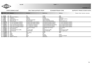 11
PORTE BOBINE AVANT DISC TRAIN SUPPORT FRONT SCHEIBENTRÄGER VORN SUPPORTO TRENO DI DISCHI ANTER
XL2-60 C0001 >
H22R0094 B
Rep Nr Qt Designation Description Bezeichnung Referenza Remarque - Remark - Bemerkung - Osservazioni
001 583189 002 AXE PIN ACHSE ASSE
002 583420 002 AXE PORTE BOBINE XL AXLE ACHSE ASSE
003 750944 002 RONDELLE WASHER SCHEIBE RONDELLA
004 900129 002 CACHE ECROU TUBE END PLASTIKDECKEL SEDE DADO PLASTICA
005 900742 002 BAGUE ANTI-FRICTION ANTI-FRICTION BUSHES VERSCHLEISSRING BOCCOLA
006 951448 004 BAGUE ROULEE WRAPPED BUSH GEROLLTE BUCHSE MESSING ANELLO LUBRIFICATO
007 80060850 002 VIS TETE HEXAGONALE FE/ZNXC3 HEXAGON HEAD SCREW FE/ZNXC3 SECHSKANTSCHRAUBE FE/ZNXC3 VITE TESTA ESAGONALE FE/ZNXC3
008 80061248 002 VIS TETE HEXAGONALE FE/ZNXC3 HEXAGON HEAD SCREW FE/ZNXC3 SECHSKANTSCHRAUBE FE/ZNXC3 VITE TESTA ESAGONALE FE/ZNXC3
009 80061641 002 VIS TETE HEXAGONALE FE/ZNXC3 HEXAGON HEAD SCREW FE/ZNXC3 SECHSKANTSCHRAUBE FE/ZNXC3 VITE TESTA ESAGONALE FE/ZNXC3
010 80200840 002 ECROU HEX.BAS AUTOFR.FE/ZNXC3 SELF-LOCKING NUT FE/ZNXC3 SELBSTSICHERND.MUTTER FE/ZNXC3 DADO AUTOBLOCCANTE FE/ZNXC3
011 80201230 002 ECROU HEX.AUTOFREINE FE/ZNXC3 SELF-LOCKING NUT FE/ZNXC3 SELBSTSICH.MUTTER FE/ZNXC3 DADO AUTOBLOCCANTE FE/ZNXC3
012 80201630 002 ECROU HEX.AUTOFREINE FE/ZNXC3 SELF-LOCKING NUT FE/ZNXC3 SELBSTSICH.MUTTER FE/ZNXC3 DADO AUTOBLOCCANTE FE/ZNXC3
013 80203915 002 ECROU HK FE/ZNXC3 CASTLE NUT FE/ZNXC3 KRONENMUTTER FE/ZNXC3 DADO FE/ZNXC3
014 80370506 004 RIVET AVEUGLE RIVET NIETE RIVETTO
015 80450660 002 GOUPILLE ELASTIQUE FLZNNC ROLL PIN FLZNNC SPANNHUELSE FLZNNC SPINA ELASTICA FLZNNC
016 83014540 002 BAGUE ROULEE WRAPPED BUSH GEROLLTE BUCHSE ANELLO LUBRIFICATO
017 H2114020 002 AXE PIN ACHSE ASSE
018 H2206650 004 TOLE SHEET METAL BLECH TELA
019 H2230410 002 PORTE DOOR TÜR
020 H2230450 002 BARRE BAR BALKEN BARRA
021 H2230500 002 POTENCE BOOM TRAGARM ATTACCO ATTREZZO
022 H2205450 002 EMBOUT A ROTULE END ENDSTUECK GIUNTO
 