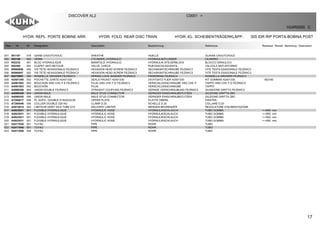 17
HYDR. REPL. PORTE BOBINE ARR. HYDR. FOLD. REAR DISC TRAIN HYDR.-EL. SCHEIBENTRÄGERKLAPP. SIS IDR RIP PORTA-BOBINA POST
DISCOVER XL2 C0001 >
H24R0065 C
Rep Nr Qt Designation Description Bezeichnung Referenza Remarque - Remark - Bemerkung - Osservazioni
001 951197 018 GAINE CAOUTCHOUC SHEATHE HUELLE GUAINA CAOUTCHOUC
002 952160 002 VERIN CYLINDER, HYDRAULIC HYDRAULIKZYLINDER CILINDRO
003 952232 001 BLOC HYDRAULIQUE MANIFOLD, HYDRAULIC HYDRAULIK-STEUERBLOCK BLOCCO IDRAULICO
004 952365 002 CLAPET ANTI-RETOUR VALVE, CHECK RUECKSCHLAGVENTIL VALVOLA ANTI-RITORNO
005 80060846 006 VIS TETE HEXAGONALE FE/ZNXC3 HEXAGON HEAD SCREW FE/ZNXC3 SECHSKANTSCHRAUBE FE/ZNXC3 VITE TESTA ESAGONALE FE/ZNXC3
006 80060857 002 VIS TETE HEXAGONALE FE/ZNXC3 HEXAGON HEAD SCREW FE/ZNXC3 SECHSKANTSCHRAUBE FE/ZNXC3 VITE TESTA ESAGONALE FE/ZNXC3
007 80270803 002 RONDELLE GROWER FE/ZNXC3 SPRING LOCK WASHER FE/ZNXC3 FEDERRING FE/ZNXC3 RONDELLA GROWER FE/ZNXC3
008 H2401340 002 POCHETTE JOINTS H2401330 SEALS PACKET H2401330 DICHTSATZ FUER H2401330 KIT GOMMINI H2401330 : 952160
009 A4061802 004 BOUCHON 3/8G CHC F.E FE/ZNXC3 PLUG 3/8G CHC F.E FE/ZNXC3 VERSCHLUSSSCHRAUBE 3/8G CHC F. TAPPO 3/8G CHC F.E FE/ZNXC3
010 A4061803 002 BOUCHON PLUG VERSCHLUSSSCHRAUBE TAPPO
011 A4080306 004 UNION DOUBLE FE/ZNXC3 STRAIGHT COUPLING FE/ZNXC3 GERADE VERSCHRAUBUNG FE/ZNXC3 GIUNZIONE DIRITTA FE/ZNXC3
012 A4080429 004 UNION MALE MALE STUD CONNECTOR GERADER EINSCHRAUBSTUTZEN GIUZIONE DIRITTA ZBC
013 A4080430 006 UNION MALE MALE STUD CONNECTOR GERADER EINSCHRAUBSTUTZEN GIUZIONE DIRITTA ZBC
014 A7260017 006 PL SUP/C. DOUBLE D19/20/22/25 UPPER PLATE PLATTE OBERE PIASTRA
015 A7260046 006 COLLIER DOUBLE D20 NU CLAMP D.20 SCHELLE D.20 COLLARE D.20
016 A4072014 004 LIMITEUR DEBIT D0.8 TUBE D14 DELIVERY LIMITER MENGEN BEGRENZER REGOLATORE D'ALIMENTAZIONE
017 A4923031 001 FLEXIBLE HYDRAULIQUE HYDRAULIC HOSE HYDRAULIKSCHLAUCH TUBO GOMMA <->950 mm
018 A4923031 001 FLEXIBLE HYDRAULIQUE HYDRAULIC HOSE HYDRAULIKSCHLAUCH TUBO GOMMA <->950 mm
019 A4923031 001 FLEXIBLE HYDRAULIQUE HYDRAULIC HOSE HYDRAULIKSCHLAUCH TUBO GOMMA <->950 mm
020 A4923031 001 FLEXIBLE HYDRAULIQUE HYDRAULIC HOSE HYDRAULIKSCHLAUCH TUBO GOMMA <->950 mm
021 H2417830 001 TUYAU PIPE ROHR TUBO
022 H2417840 001 TUYAU PIPE ROHR TUBO
023 H2417850 004 TUYAU PIPE ROHR TUBO
 