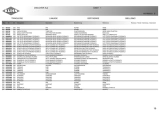 19
TRINGLERIE LINKAGE GESTAENGE BIELLISMO
DISCOVER XL2 C0001 >
H21R0033 D
Rep Nr Qt Designation Description Bezeichnung Referenza Remarque - Remark - Bemerkung - Osservazioni
001 583222 002 AXE PIN ACHSE ASSE
002 583226 004 AXE PIN ACHSE ASSE
003 900129 001 CACHE ECROU TUBE END PLASTIKDECKEL SEDE DADO PLASTICA
004 900742 002 BAGUE ANTI-FRICTION ANTI-FRICTION BUSHES VERSCHLEISSRING BOCCOLA
005 951242 002 BAGUE ROULEE WRAPPED BUSH GEROLLTE BUCHSE MESSING ANELLO LUBRIFICATO
006 80060839 004 VIS TETE HEXAGONALE FE/ZNXC3 HEXAGON HEAD SCREW FE/ZNXC3 SECHSKANTSCHRAUBE FE/ZNXC3 VITE TESTA ESAGONALE FE/ZNXC3
007 80061248 006 VIS TETE HEXAGONALE FE/ZNXC3 HEXAGON HEAD SCREW FE/ZNXC3 SECHSKANTSCHRAUBE FE/ZNXC3 VITE TESTA ESAGONALE FE/ZNXC3
008 80061669 001 VIS TETE HEXAGONALE FE/ZNXC3 HEXAGON HEAD SCREW FE/ZNXC3 SECHSKANTSCHRAUBE FE/ZNXC3 VITE TESTA ESAGONALE FE/ZNXC3
009 80062065 016 VIS TETE HEXAGONALE FE/ZNXC3 HEXAGON HEAD SCREW FE/ZNXC3 SECHSKANTSCHRAUBE FE/ZNXC3 VITE TESTA ESAGONALE FE/ZNXC3
010 80062088 008 VIS TETE HEXAGONALE FE/ZNXC3 HEXAGON HEAD SCREW FE/ZNXC3 SECHSKANTSCHRAUBE FE/ZNXC3 VITE TESTA ESAGONALE FE/ZNXC3
011 80200840 004 ECROU HEX.BAS AUTOFR.FE/ZNXC3 SELF-LOCKING NUT FE/ZNXC3 SELBSTSICHERND.MUTTER FE/ZNXC3 DADO AUTOBLOCCANTE FE/ZNXC3
012 80201240 006 ECROU HEX.BAS AUTOFR.FE/ZNXC3 SELF-LOCKING NUT FE/ZNXC3 SELBSTSICHERND.MUTTER FE/ZNXC3 DADO AUTOBLOCCANTE FE/ZNXC3
013 80201630 001 ECROU HEX.AUTOFREINE FE/ZNXC3 SELF-LOCKING NUT FE/ZNXC3 SELBSTSICH.MUTTER FE/ZNXC3 DADO AUTOBLOCCANTE FE/ZNXC3
014 80202040 024 ECROU HEX.BAS AUTOFR.FE/ZNXC3 SELF-LOCKING NUT FE/ZNXC3 SELBSTSICHERND.MUTTER FE/ZNXC3 DADO AUTOBLOCCANTE FE/ZNXC3
015 80202440 004 ECROU HEX.AUTOFREINE FE/ZNXC3 SELF-LOCKING NUT FE/ZNXC3 SELBSTSICHERNDE MUTT.FE/ZNXC3 DADO AUTOBLOCCANTE FE/ZNXC3
016 80203915 001 ECROU HK FE/ZNXC3 CASTLE NUT FE/ZNXC3 KRONENMUTTER FE/ZNXC3 DADO FE/ZNXC3
017 80252026 024 RONDELLE PLATE FE/ZNXC3 PLAIN WASHER FE/ZNXC3 SCHEIBE FE/ZNXC3 RONDELLA PIATTA FE/ZNXC3
018 80450660 001 GOUPILLE ELASTIQUE FLZNNC ROLL PIN FLZNNC SPANNHUELSE FLZNNC SPINA ELASTICA FLZNNC
019 82201016 015 GRAISSEUR AUTOTARAUDANT SELF TAPPING GREASE NIPPLE GEWINDESCHNEID-SCHMIERNIPPEL INGRASSATORE
020 80250823 004 RONDELLE PLATE FE/ZNXC3 PLAIN WASHER FE/ZNXC3 SCHEIBE FE/ZNXC3 RONDELLA PIATTA FE/ZNXC3
021 80251227 006 RONDELLE PLATE FE/ZNXC3 PLAIN WASHER FE/ZNXC3 SCHEIBE FE/ZNXC3 RONDELLA PIATTA FE/ZNXC3
022 H2110920 001 VERIN CYLINDER, HYDRAULIC HYDRAULIKZYLINDER CILINDRO
023 H2207500 004 ENTRETOISE SPACER DISTANZHUELSE DISTANZIALE
024 H2223420 001 TRINGLE LINK STREBE TRIANGOLO
025 H2223430 001 TRINGLE LINK STREBE TRIANGOLO
026 H2223440 001 TRINGLE LINK STREBE TRIANGOLO
027 H2223450 001 TRINGLE LINK STREBE TRIANGOLO
028 H2223460 001 PALONNIER SPREADER BAR LASTTRAVERSE TIMONE
029 H2223470 001 SUPPORT SUPPORT TRAEGER SUPPORTO
030 H2223480 001 SUPPORT SUPPORT TRAEGER SUPPORTO
031 H2223490 001 SUPPORT SUPPORT TRAEGER SUPPORTO
032 H2223500 001 SUPPORT SUPPORT TRAEGER SUPPORTO
033 H2223510 004 AXE PIN ACHSE ASSE
034 H2223520 001 SUPPORT SUPPORT TRAEGER SUPPORTO
035 H2230480 001 AXE PIN ACHSE ASSE
036 H2230490 001 RONDELLE WASHER SCHEIBE RONDELLA PIATTA
037 H2205450 004 EMBOUT A ROTULE END ENDSTUECK GIUNTO
 
