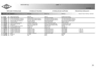 23
REPLIAGE HYDRAULIQUE HYDRAULIC FOLDING HYDRAULISCHE KLAPPUNG PIEGHEVOLE IDRAULICO
DISCOVER XL2 C0001 >
H24R0066 C
Rep Nr Qt Designation Description Bezeichnung Referenza Remarque - Remark - Bemerkung - Osservazioni
001 951197 004 GAINE CAOUTCHOUC SHEATHE HUELLE GUAINA CAOUTCHOUC
002 952365 002 CLAPET ANTI-RETOUR VALVE, CHECK RUECKSCHLAGVENTIL VALVOLA ANTI-RITORNO
003 80060835 003 VIS TETE HEXAGONALE FE/ZNXC3 HEXAGON HEAD SCREW FE/ZNXC3 SECHSKANTSCHRAUBE FE/ZNXC3 VITE TESTA ESAGONALE FE/ZNXC3
004 80060871 003 VIS TETE HEXAGONALE FE/ZNXC3 HEXAGON HEAD SCREW FE/ZNXC3 SECHSKANTSCHRAUBE FE/ZNXC3 VITE TESTA ESAGONALE FE/ZNXC3
005 A4072014 001 LIMITEUR DEBIT D0.8 TUBE D14 DELIVERY LIMITER MENGEN BEGRENZER REGOLATORE D'ALIMENTAZIONE
006 A4074017 002 COUPLEUR MALE CONNECTOR MALE KUPPLUNGSTECKER INNESTO M16X150
007 A4074048 002 CAPUCHON COUPLEUR MALE CAP MALE CONNECTOR KAPPE KUPPLUNG STECKER TAPPO PLASTICA
008 A4080350 004 UNION DOUBLE NUE ZBC STRAIGHT COUPLING ZBC GERADE VERSCHRAUBUNG ZBC GIUNZIONE DIRITTA ZBC
009 A4080401 002 UNION MALE MALE STUD CONNECTOR GERADER EINSCHRAUBSTUTZEN GIUZIONE DIRITTA ZBC
010 A7260016 006 PL SUP/C. DOUBLE D14/15/16/18 UPPER PLATE OBERE PLATTE PIASTRA
011 A7260042 006 COLLIER DOUBLE D15 NU CLAMP D.15 SCHELLE D.15 COLLARE D.15
012 A7260046 003 COLLIER DOUBLE D20 NU CLAMP D.20 SCHELLE D.20 COLLARE D.20
013 A4921019 001 FLEXIBLE HYDRAULIQUE HYDRAULIC HOSE HYDRAULIKSCHLAUCH TUBO GOMMA <->760 mm
014 A4921019 001 FLEXIBLE HYDRAULIQUE HYDRAULIC HOSE HYDRAULIKSCHLAUCH TUBO GOMMA <->760 mm
015 A4921112 001 FLEXIBLE HYDRAULIQUE HYDRAULIC HOSE HYDRAULIKSCHLAUCH TUBO GOMMA <->5500 mm
016 A4921112 001 FLEXIBLE HYDRAULIQUE HYDRAULIC HOSE HYDRAULIKSCHLAUCH TUBO GOMMA <->5500 mm
017 H2110920 001 VERIN CYLINDER, HYDRAULIC HYDRAULIKZYLINDER CILINDRO
018 H2110950 001 POCHETTE KIT, SEAL TACHE SACCHE
019 H2417800 002 TUYAU PIPE ROHR TUBO
 