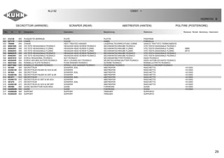 29
DECROTTOIR (ARRIERE) SCRAPER (REAR) ABSTREIFER (HINTEN) POLITIRE (POSTERIORE)
XL2-52 C0001 >
H22R0153 B
Rep Nr Qt Designation Description Bezeichnung Referenza Remarque - Remark - Bemerkung - Osservazioni
001 212138 004 PLAQUETTE SERRAGE PLATE PLATTE PIASTRINA
002 227179 018 CHAPE CLEVIS GABEL FORCELLA
003 780688 004 CHAISE HEAT TREATED HANGER LAGERHALTEVORRICHTUNG VORNE GANCIO TRATTATO TERMICAMENTE
004 80061669 020 VIS TETE HEXAGONALE FE/ZNXC3 HEXAGON HEAD SCREW FE/ZNXC3 SECHSKANTSCHRAUBE FE/ZNXC3 VITE TESTA ESAGONALE FE/ZNXC3
005 80062007 008 VIS TETE HEXAGONALE FLZNNC HEXAGON HEAD SCREW FLZNNC SECHSKANTSCHRAUBE FLZNNC VITE TESTA ESAGONALE FLZNNC : Ø660
005 80062043 008 VIS TETE HEXAGONALE FLZNNC HEXAGON HEAD SCREW FLZNNC SECHSKANTSCHRAUBE FLZNNC VITE TESTA ESAGONALE FLZNNC : Ø710
006 80062076 008 VIS TETE HEXAGONALE FE/ZNXC3 HEXAGON HEAD SCREW FE/ZNXC3 SECHSKANTSCHRAUBE FE/ZNXC3 VITE TESTA ESAGONALE FE/ZNXC3
007 80062081 008 VIS TETE HEXAGONALE FE/ZNXC3 HEXAGON HEAD SCREW FE/ZNXC3 SECHSKANTSCHRAUBE FE/ZNXC3 VITE TESTA ESAGONALE FE/ZNXC3
008 80201670 020 ECROU HEXAGONAL FE/ZNXC3 NUT FE/ZNXC3 SECHSKANTMUTTER FE/ZNXC3 DADO FE/ZNXC3
009 80202040 024 ECROU HEX.BAS AUTOFR.FE/ZNXC3 SELF-LOCKING NUT FE/ZNXC3 SELBSTSICHERND.MUTTER FE/ZNXC3 DADO AUTOBLOCCANTE FE/ZNXC3
010 80251624 004 RONDELLE PLATE FE/ZNXC3 PLAIN WASHER FE/ZNXC3 SCHEIBE FE/ZNXC3 RONDELLA PIATTA FE/ZNXC3
011 80271602 020 RONDELLE GROWER FE/ZNXC3 SPRING LOCK WASHER FE/ZNXC3 FEDERRING FE/ZNXC3 RONDELLA GROWER FE/ZNXC3
012 581805 004 DECROTTEUR SCRAPER, SOIL ABSTREIFER RASCHIETTO <01/2003
012 H2200150 004 DECROTTEUR PALIER AV GCH & AR SCRAPER ABSTREIFER RASCHIETTO >01/2003
013 581804 004 DECROTTEUR SCRAPER, SOIL ABSTREIFER RASCHIETTO <01/2003
013 H2200160 004 DECROTTEUR PALIER AV DRT & AR SCRAPER ABSTREIFER RASCHIETTO >01/2003
014 581677 012 DECROTTEUR SCRAPER, SOIL ABSTREIFER RASCHIETTO <01/2003
014 H2200170 012 DECROTTEUR AV DRT & AR GCH SCRAPER ABSTREIFER RASCHIETTO >01/2003
015 581678 012 DECROTTEUR SCRAPER, SOIL ABSTREIFER RASCHIETTO <01/2003
015 H2200180 012 DECROTTEUR AV GCH & AR DRT SCRAPER ABSTREIFER RASCHIETTO >01/2003
016 582586 002 GUIDE DECROTTOIR AV28 AR24 GUIDE FURHRUNG GUIDA <01/2003
016 H2200230 002 GUIDE GUIDE FUEHRUNG GUIDA >01/2003
017 H2200240 004 SUPPORT SUPPORT TRAEGER SUPPORTO
018 H2200250 004 SUPPORT SUPPORT TRAEGER SUPPORTO
 