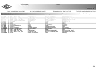 39
TRAIN DISQUE Ø660 (ARRIERE) SET OF DISCS Ø660 (REAR) SCHEIBENREIHE Ø660 (HINTEN) TRENO DI DISCHI Ø660 (POSTERIO
DISCOVER XL2 C0001 >
H22R0157 B
Rep Nr Qt Designation Description Bezeichnung Referenza Remarque - Remark - Bemerkung - Osservazioni
001 117107 002 DISQUE CRENELE Ø610 NOTCHED DISC D 610 GEZACKTE SCHEIBE 610X6 DISCO DENTATO D=610
002 117108 008 DISQUE LISSE D 660 EP:6 PLAIN DISC D 660 GLATTE SCHEIBE 660X6 DISCO LISCIO D=660
003 117109 006 DISQUE CRENELE D 660 EP:6 NOTCHED DISC D 660 GEZACKTE SCHEIBE 660X6 DISCO DENTATO D=660 SPESS:6
004 117114 001 DISQUE LISSE DEFFACEMENT D 510 PLAIN DISC D 510 GLATTE SCHEIBE D 510 DISCO LISCIO D=510
005 222156 004 RONDELLE WASHER SCHEIBE RONDELLA PIATTA
006 583264 002 ARBRE SHAFT WELLE ALBERO
007 583266 001 ARBRE SHAFT WELLE ALBERO
008 645236 010 ENTRETOISE SPACER DISTANZHUELSE DISTANZIALE
009 750050 002 RONDELLE DE BOBINE EP6 WASHER SCHEIBE RONDELLA
010 780341 001 CLE DE 60 SPANNER SCHRAUBENSCHLUESSEL CHIAVE
011 80203915 002 ECROU HK FE/ZNXC3 CASTLE NUT FE/ZNXC3 KRONENMUTTER FE/ZNXC3 DADO FE/ZNXC3
012 80500579 002 GOUPILLE FENDUE FE/ZNXC3 SPLIT PIN FE/ZNXC3 SPLINT FE/ZNXC3 COPPIGLIA FE/ZNXC3
013 117120 001 DISQUE LOBBE D660 EP.6 DISC SCHEIBE DISCO
014 117121 001 DISQUE LISSE D 660 EP:8 PLAIN DISC D 660 GLATTE SCHEIBE D660 (8MM) DISCO LISCIO D=660 SPESS:8
015 117122 001 DISQUE CRENELE D 660 EP:8 NOTCHED DISC D 660 GEZACKTE SCHEIBE D 660 (8MM) DISCO DENTATO D=660 SPESS:8
016 H2200030 004 PALIER BEARING, PILLOW BLOCK LAGER SUPPORTO
 