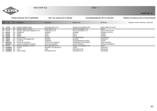 43
TRAIN DISQUE Ø710 ARRIERE SET OF DISCS Ø710 REAR SCHEIBENREIHE Ø710 HINTEN TRENO DI DISCHI Ø710 POSTERIOR
DISCOVER XL2 C0001 >
H22R0158 B
Rep Nr Qt Designation Description Bezeichnung Referenza Remarque - Remark - Bemerkung - Osservazioni
001 117107 002 DISQUE CRENELE Ø610 NOTCHED DISC D 610 GEZACKTE SCHEIBE 610X6 DISCO DENTATO D=610
002 117112 007 DISQUE LISSE D 710 EP7 PLAIN DISC D 710 GLATTE SCHEIBE D 710 DISCO
003 117114 001 DISQUE LISSE DEFFACEMENT D 510 PLAIN DISC D 510 GLATTE SCHEIBE D 510 DISCO LISCIO D=510
004 222156 004 RONDELLE WASHER SCHEIBE RONDELLA PIATTA
005 583264 002 ARBRE SHAFT WELLE ALBERO
006 583266 001 ARBRE SHAFT WELLE ALBERO
007 645236 010 ENTRETOISE SPACER DISTANZHUELSE DISTANZIALE
008 750050 002 RONDELLE DE BOBINE EP6 WASHER SCHEIBE RONDELLA
009 780341 001 CLE DE 60 SPANNER SCHRAUBENSCHLUESSEL CHIAVE
010 80203915 002 ECROU HK FE/ZNXC3 CASTLE NUT FE/ZNXC3 KRONENMUTTER FE/ZNXC3 DADO FE/ZNXC3
011 80500579 002 GOUPILLE FENDUE FE/ZNXC3 SPLIT PIN FE/ZNXC3 SPLINT FE/ZNXC3 COPPIGLIA FE/ZNXC3
012 117113 007 DISQUE CRENELE D 710 EP7 NOTCHED DISC D 710 GEZACKTE SCHEIBE D 710 DISCO
013 H2200030 004 PALIER BEARING, PILLOW BLOCK LAGER SUPPORTO
014 H2200920 004 CALE SHIM DISTANZPLATTE SPESSORE
015 H2200940 004 CALE CHAISE DISTANCE PLATE DISTANZPLATTE SPESSORE
 