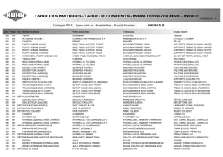 TABLE DES MATIERES - TABLE OF CONTENTS - INHALTSVERZEICHNIS - INDICE
H30R0013 A
Catalogue P.D.R. - Spare parts list - Ersatzteilliste - Pezzi di Ricambio : HR038ATL B
Grp Page Opt Groupe de pièces Parts group index Teilegruppe Gruppo di parti
020 003 TIMON DRAWBAR DEICHSEL TIMONE
010 005 ATTELAGE STD3 & 4 CONNECTING FRAME STD3 & 4 ANBAUBOCK STD3 & 4 ATTACCO STD3 & 4
050 007 CHASSIS FRAME RAHMEN TELAIO
050 009 PORTE BOBINE AVANT DISC TRAIN SUPPORT FRONT SCHEIBENTRÄGER VORN SUPPORTO TRENO DI DISCHI ANTER
050 011 PORTE BOBINE AVANT DISC TRAIN SUPPORT FRONT SCHEIBENTRÄGER VORN SUPPORTO TRENO DI DISCHI ANTER
050 013 PORTE BOBINE ARRIERE DISC TRAIN SUPPORT REAR SCHEIBENTRÄGER HINTEN SUPPORTO TRENO DI DISCHI POSTE
050 015 PORTE BOBINE ARRIERE DISC TRAIN SUPPORT REAR SCHEIBENTRÄGER HINTEN SUPPORTO TRENO DI DISCHI POSTE
260 017 HYDR. REPL. PORTE BOBINE ARR. HYDR. FOLD. REAR DISC TRAIN HYDR.-EL. SCHEIBENTRÄGERKLAPP. SIS IDR RIP PORTA-BOBINA POST
090 019 TRINGLERIE LINKAGE GESTAENGE BIELLISMO
260 021 REPLIAGE HYDRAULIQUE HYDRAULIC FOLDING HYDRAULISCHE KLAPPUNG PIEGHEVOLE IDRAULICO
260 023 REPLIAGE HYDRAULIQUE HYDRAULIC FOLDING HYDRAULISCHE KLAPPUNG PIEGHEVOLE IDRAULICO
090 025 DECROTTOIR (AVANT) SCRAPER (FRONT) ABSTREIFER (VORN) POLITIRE (ANTERIORE)
090 027 DECROTTOIR (AVANT) SCRAPER (FRONT) ABSTREIFER (VORN) POLITIRE (ANTERIORE)
090 029 DECROTTOIR (ARRIERE) SCRAPER (REAR) ABSTREIFER (HINTEN) POLITIRE (POSTERIORE)
090 031 DECROTTOIR (ARRIERE) SCRAPER (REAR) ABSTREIFER (HINTEN) POLITIRE (POSTERIORE)
090 033 PALIER COMPLET BEARING CARRIER LAGERGEHAEUSE SUPPORTO CUSCINETTO
090 035 PROTECTEUR D710 (PALIER) SAFETY GUARDS D710 (BEARING) SCHUTZVORRICHTUNG D710 (LAGERU PARAPETTI D710 (CUSCINETTO)
090 037 TRAIN DISQUE Ø660 AVANT SET OF DISCS Ø660 FRONT SCHEIBENREIHE Ø660 VORN TRENO DI DISCHI Ø660 ANTERIORE
090 039 TRAIN DISQUE Ø660 (ARRIERE) SET OF DISCS Ø660 (REAR) SCHEIBENREIHE Ø660 (HINTEN) TRENO DI DISCHI Ø660 (POSTERIO
090 041 TRAIN DISQUE Ø710 AVANT SET OF DISCS Ø710 FRONT SCHEIBENREIHE Ø710 VORN TRENO DI DISCHI Ø710 ANTERIORE
090 043 TRAIN DISQUE Ø710 ARRIERE SET OF DISCS Ø710 REAR SCHEIBENREIHE Ø710 HINTEN TRENO DI DISCHI Ø710 POSTERIOR
090 045 OPT HUBODOMETRE ODOMETER HEKTARZAEHLER
050 047 DEFLECTEUR (DROIT) DEFLECTOR (RIGHT) ABWEISER (RECHTS) DEFLETTORE (DX)
050 049 DEFLECTEUR (GAUCHE) DEFLECTOR (LEFT) ABWEISER (LINKS) DEFLETTORE (SX)
350 051 OPT DISQUE STABILISATEUR SIDE THRUST BLADE HANGSCHEIBE LAMIERA DI STABILIZZAZIONE
350 053 OPT MOYEU 70 MONROC HUB 70 MONROC NABE 70 MONROC MOZZO 70 MONROC
350 055 OPT MOYEU COLAERT HUB COLAERT NABE COLAERT MOZZO COLAERT
330 057 CHARIOT CARRIAGE FAHRWERK CARRELLO
330 059 CHARIOT XL2 CARRIAGE XL2 FAHRWERK XL2 CARRELLO XL2
260 061 HYDRAULIQUE RELEVAGE CHARIOT HYDRAULIC FOR CARRIAGE LIFT HYDRAULIKEL. HUBVOR. FAHRWERK SIST. IDRAU. SOLLEV. CARRELLO
260 063 HYDRAULIQUE RELEVAGE CHARIOT HYDRAULIC FOR CARRIAGE LIFT HYDRAULIKEL. HUBVOR. FAHRWERK SIST. IDRAU. SOLLEV. CARRELLO
260 065 OPT SUSPENSION HYDRAULIQUE HYDRAULIC SUSPENSION HYDRAULISCHE FEDERUNG SOSPENSIONE IDRAULICA
320 067 FREINAGE MÉCANIQUE BRAKE ASSEMBLY MECHANISCHE BREMSANLAGE COMPLESSIVO FRENO
320 069 FREINAGE MÉCANIQUE XL2 BRAKE ASSEMBLY XL2 BREMSANLAGE XL2 COMPLESSIVO FRENO XL2
320 071 OPT FREINAGE HYDRAULIQUE HYDRAULIC BRAKE HYDRAULISCHE BREMSANLAGE FRENO IDRAULICO
320 073 OPT FREINAGE PNEUMATIQUE RESERVOIR PNEUMATIC BRAKE TANK DRUCKLUFT-BREMSANLAGE TANK FRENO PNEUMATICO SERBATOIO
330 077 ESSIEU AXLE ACHSE ASSALE
330 079 ESSIEU (FREINAGE HYDRAULIQUE) AXLE (HYDRAULIC BRAKE) ACHSE (HYDRAULISCHE BREMSANLAG ASSALE (FRENO IDRAULICO)
330 081 ESSIEU (FREINAGE PNEUMATIQUE) AXLE (PNEUMATIC BRAKE) ACHSE (DRUCKLUFT-BREMSANLAGE) ASSALE (FRENO PNEUMATICO)
330 083 OPT CALE DE ROUE FIX OF WHEEL BREMSKLOTZ TENUTA DI RUO
 