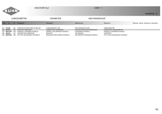 45
HUBODOMETRE ODOMETER HEKTARZAEHLER
DISCOVER XL2 C0001 >
H22R0038 A
Rep Nr Qt Designation Description Bezeichnung Referenza Remarque - Remark - Bemerkung - Osservazioni
001 951400 001 COMPTEUR D'HECTARE GF 662 025 HUBODOMETRE SAF HEKTARZAEHLER SAF HUBODOMETRE
002 582769 001 FIXATION COMPTEUR CONNECTION ODOMETER FESTSCTZUNG HEKTARZAEHLER FISSAZIONE HUBODOMETRE
003 80271003 003 RONDELLE GROWER FE/ZNXC3 SPRING LOCK WASHER FE/ZNXC3 FEDERRING FE/ZNXC3 RONDELLA GROWER FE/ZNXC3
004 582768 001 SUPPORT DE COMPTEUR BRACKET HALTERUNG SUPPORTO
005 80061026 003 VIS TETE HEXAGONALE FE/ZNXC3 HEXAGON HEAD SCREW FE/ZNXC3 SECHSKANTSCHRAUBE FE/ZNXC3 VITE TESTA ESAGONALE FE/ZNXC3
 