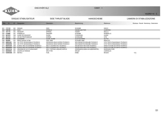 51
DISQUE STABILISATEUR SIDE THRUST BLADE HANGSCHEIBE LAMIERA DI STABILIZZAZIONE
DISCOVER XL2 C0001 >
H22R0114 C
Rep Nr Qt Designation Description Bezeichnung Referenza Remarque - Remark - Bemerkung - Osservazioni
001 117119 001 DISQUE DISC SCHEIBE DISCO
002 150159 001 NOIX SPINDLE KNEBELMUTTER ALBERINO
003 191110 001 RESSORT SPRING FEDER MOLLA
004 212606 001 RONDELLE WASHER SCHEIBE RONDELLA
005 581818 002 GUIDE DE RESSORT GUIDE FURHRUNG GUIDA
006 581819 001 VIS DE PROFONDEUR SCREW SCHRAUBE VITE
007 583238 001 GLISSIERE GUIDE, SLIDE GLEITSCHIENE SLITTA
008 583826 001 BRAS DISQUE STAB. DISC ARM SCHEIBE ARM BRACCIO
009 80061601 004 VIS TETE HEXAGONALE FE/ZNXC3 HEXAGON HEAD SCREW FE/ZNXC3 SECHSKANTSCHRAUBE FE/ZNXC3 VITE TESTA ESAGONALE FE/ZNXC3
010 80062059 004 VIS TETE HEXAGONALE FE/ZNXC3 HEXAGON HEAD SCREW FE/ZNXC3 SECHSKANTSCHRAUBE FE/ZNXC3 VITE TESTA ESAGONALE FE/ZNXC3
011 80201630 004 ECROU HEX.AUTOFREINE FE/ZNXC3 SELF-LOCKING NUT FE/ZNXC3 SELBSTSICH.MUTTER FE/ZNXC3 DADO AUTOBLOCCANTE FE/ZNXC3
012 80202030 004 ECROU HEX.AUTOFREINE FE/ZNXC3 SELF-LOCKING NUT FE/ZNXC3 SELBSTSICH.MUTTER FE/ZNXC3 DADO AUTOBLOCCANTE FE/ZNXC3
013 82201016 001 GRAISSEUR AUTOTARAUDANT SELF TAPPING GREASE NIPPLE GEWINDESCHNEID-SCHMIERNIPPEL INGRASSATORE
014 80500963 001 GOUPILLE FENDUE SPLIT PIN SPLINT COPPIGLIA
015 H2904380 001 MOYEU HUB NABE MOZZO +[1]
 
