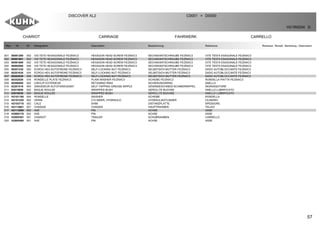 57
CHARIOT CARRIAGE FAHRWERK CARRELLO
DISCOVER XL2 C0001 D0000>
H21R0034 D
Rep Nr Qt Designation Description Bezeichnung Referenza Remarque - Remark - Bemerkung - Osservazioni
001 80061269 002 VIS TETE HEXAGONALE FE/ZNXC3 HEXAGON HEAD SCREW FE/ZNXC3 SECHSKANTSCHRAUBE FE/ZNXC3 VITE TESTA ESAGONALE FE/ZNXC3
002 80061661 002 VIS TETE HEXAGONALE FE/ZNXC3 HEXAGON HEAD SCREW FE/ZNXC3 SECHSKANTSCHRAUBE FE/ZNXC3 VITE TESTA ESAGONALE FE/ZNXC3
003 80061669 002 VIS TETE HEXAGONALE FE/ZNXC3 HEXAGON HEAD SCREW FE/ZNXC3 SECHSKANTSCHRAUBE FE/ZNXC3 VITE TESTA ESAGONALE FE/ZNXC3
004 80062060 008 VIS TETE HEXAGONALE FE/ZNXC3 HEXAGON HEAD SCREW FE/ZNXC3 SECHSKANTSCHRAUBE FE/ZNXC3 VITE TESTA ESAGONALE FE/ZNXC3
005 80201230 002 ECROU HEX.AUTOFREINE FE/ZNXC3 SELF-LOCKING NUT FE/ZNXC3 SELBSTSICH.MUTTER FE/ZNXC3 DADO AUTOBLOCCANTE FE/ZNXC3
006 80201630 004 ECROU HEX.AUTOFREINE FE/ZNXC3 SELF-LOCKING NUT FE/ZNXC3 SELBSTSICH.MUTTER FE/ZNXC3 DADO AUTOBLOCCANTE FE/ZNXC3
007 80202030 008 ECROU HEX.AUTOFREINE FE/ZNXC3 SELF-LOCKING NUT FE/ZNXC3 SELBSTSICH.MUTTER FE/ZNXC3 DADO AUTOBLOCCANTE FE/ZNXC3
008 80252026 016 RONDELLE PLATE FE/ZNXC3 PLAIN WASHER FE/ZNXC3 SCHEIBE FE/ZNXC3 RONDELLA PIATTA FE/ZNXC3
009 80586000 002 CIRCLIP EXTERIEUR RETAINING RING SICHERUNGSRING ANELLO
010 82201016 004 GRAISSEUR AUTOTARAUDANT SELF TAPPING GREASE NIPPLE GEWINDESCHNEID-SCHMIERNIPPEL INGRASSATORE
011 83015050 002 BAGUE ROULEE WRAPPED BUSH GEROLLTE BUCHSE ANELLO LUBRIFICATO
012 83016030 004 BAGUE ROULEE WRAPPED BUSH GEROLLTE BUCHSE ANELLO LUBRIFICATO
013 H2101180 004 RONDELLE WASHER SCHEIBE RONDELLA
014 H2101220 002 VERIN CYLINDER, HYDRAULIC HYDRAULIKZYLINDER CILINDRO
015 H2103710 002 CALE SHIM DISTANZPLATTE SPESSORE
016 H2113601 001 CHASSIS CHASSIS HAUPTRAHMEN TELAIO
017 H2113990 002 AXE PIN ACHSE ASSE
018 H2900170 002 AXE PIN ACHSE ASSE
019 H2905391 001 CHARIOT TRAILER SCHUBRAHMEN CARRELLO
020 H2905490 001 AXE PIN ACHSE ASSE
 