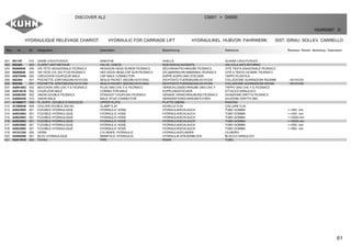 61
HYDRAULIQUE RELEVAGE CHARIOT HYDRAULIC FOR CARRIAGE LIFT HYDRAULIKEL. HUBVOR. FAHRWERK SIST. IDRAU. SOLLEV. CARRELLO
DISCOVER XL2 C0001 D0000>
H24R0067 D
Rep Nr Qt Designation Description Bezeichnung Referenza Remarque - Remark - Bemerkung - Osservazioni
001 951197 010 GAINE CAOUTCHOUC SHEATHE HUELLE GUAINA CAOUTCHOUC
002 952365 003 CLAPET ANTI-RETOUR VALVE, CHECK RUECKSCHLAGVENTIL VALVOLA ANTI-RITORNO
003 80060846 009 VIS TETE HEXAGONALE FE/ZNXC3 HEXAGON HEAD SCREW FE/ZNXC3 SECHSKANTSCHRAUBE FE/ZNXC3 VITE TESTA ESAGONALE FE/ZNXC3
004 80080640 002 VIS TETE CYL.SIX P.CR.FE/ZNXC3 HEX.SOCK.HEAD CAP SCR.FE/ZNXC3 ZYLINDERSCHR.INNENSEC.FE/ZNXC3 VITE A TESTA CILINDR. FE/ZNXC3
005 A4074046 002 CAPUCHON COUPLEUR MALE CAP MALE CONNECTOR KAPPE KUPPLUNG STECKER TAPPO PLASTICA
006 952364 001 POCHETTE JOINT(952296,H2101230 SEALS PACKET (952296,H2101230) DICHTSATZ FUER(952296,H2101230 COLLEZIONE GUARNIZIONI 952296B : H2101230
006 952350 001 POCHETTE JOINT(952349,H2101240 SEALS PACKET (952349,H2101240) DICHTSATZ FUER(952349,H2101240 COLLEZIONE GUARNIZIONI 952349 : H2101240
007 A4061802 002 BOUCHON 3/8G CHC F.E FE/ZNXC3 PLUG 3/8G CHC F.E FE/ZNXC3 VERSCHLUSSSCHRAUBE 3/8G CHC F. TAPPO 3/8G CHC F.E FE/ZNXC3
008 A4074018 002 COUPLEUR MALE CONNECTOR MALE KUPPLUNGSTECKER ATTACCO IDRAULICO
009 A4080306 002 UNION DOUBLE FE/ZNXC3 STRAIGHT COUPLING FE/ZNXC3 GERADE VERSCHRAUBUNG FE/ZNXC3 GIUNZIONE DIRITTA FE/ZNXC3
010 A4080429 010 UNION MALE MALE STUD CONNECTOR GERADER EINSCHRAUBSTUTZEN GIUZIONE DIRITTA ZBC
011 A7260017 009 PL SUP/C. DOUBLE D19/20/22/25 UPPER PLATE PLATTE OBERE PIASTRA
012 A7260046 009 COLLIER DOUBLE D20 NU CLAMP D.20 SCHELLE D.20 COLLARE D.20
013 A4923062 001 FLEXIBLE HYDRAULIQUE HYDRAULIC HOSE HYDRAULIKSCHLAUCH TUBO GOMMA <->450 mm
014 A4923062 001 FLEXIBLE HYDRAULIQUE HYDRAULIC HOSE HYDRAULIKSCHLAUCH TUBO GOMMA <->450 mm
015 A4923063 001 FLEXIBLE HYDRAULIQUE HYDRAULIC HOSE HYDRAULIKSCHLAUCH TUBO GOMMA <->5500 mm
016 A4923063 001 FLEXIBLE HYDRAULIQUE HYDRAULIC HOSE HYDRAULIKSCHLAUCH TUBO GOMMA <->5500 mm
017 A4923065 001 FLEXIBLE HYDRAULIQUE HYDRAULIC HOSE HYDRAULIKSCHLAUCH TUBO GOMMA <->850 mm
018 A4923065 001 FLEXIBLE HYDRAULIQUE HYDRAULIC HOSE HYDRAULIKSCHLAUCH TUBO GOMMA <->850 mm
019 H2101220 002 VERIN CYLINDER, HYDRAULIC HYDRAULIKZYLINDER CILINDRO
020 H2404290 001 BLOC HYDRAULIQUE MANIFOLD, HYDRAULIC HYDRAULIK-STEUERBLOCK BLOCCO IDRAULICO
021 H2417810 002 TUYAU PIPE ROHR TUBO
 