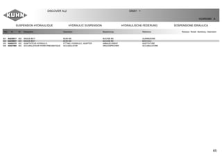 65
SUSPENSION HYDRAULIQUE HYDRAULIC SUSPENSION HYDRAULISCHE FEDERUNG SOSPENSIONE IDRAULICA
DISCOVER XL2 D0001 >
H24R0380 A
Rep Nr Qt Designation Description Bezeichnung Referenza Remarque - Remark - Bemerkung - Osservazioni
001 A4230017 002 BAGUE BS17 BUSH BS BUCHSE BS GUARNIZIONE
002 A4230021 002 BAGUE BS21 BUSH BS BUCHSE BS BOCCOLA
003 H2402370 002 ADAPTATEUR HYDRAULIC FITTING, HYDRAULIC, ADAPTER ANBAUELEMENT ADATTATORE
004 H2421560 002 ACCUMULATEUR HYDRO-PNEUMATIQUE ACCUMULATOR DRUCKSPEICHER ACCUMULATORE
 
