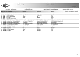 67
FREINAGE MÉCANIQUE BRAKE ASSEMBLY MECHANISCHE BREMSANLAGE COMPLESSIVO FRENO
DISCOVER XL2 C0001 C9999>
H24R0071 B
Rep Nr Qt Designation Description Bezeichnung Referenza Remarque - Remark - Bemerkung - Osservazioni
001 720119 005 AXE CABLE DE FREIN PIN ACHSE PERNO
002 750345 001 PALONNIER SPREADER BAR LASTTRAVERSE TIMONE
003 751487 002 BIELLETTE FREIN LINK SHUBSTANGE BIELLA
004 751490 002 CALE FL 3-4-6000 /XL SPACER KEIL LEVA
005 952129 001 FREIN BRAKE BREMSE FRENO
006 952151 002 CABLE DE PALONNIER CAVO
007 952320 002 BIELLETTE LINK SCHUBSTANGE BIELLA
008 80061036 004 VIS TETE HEXAGONALE FE/ZNXC3 HEXAGON HEAD SCREW FE/ZNXC3 SECHSKANTSCHRAUBE FE/ZNXC3 VITE TESTA ESAGONALE FE/ZNXC3
009 80061647 004 VIS TETE HEXAGONALE FE/ZNXC3 HEXAGON HEAD SCREW FE/ZNXC3 SECHSKANTSCHRAUBE FE/ZNXC3 VITE TESTA ESAGONALE FE/ZNXC3
010 80201030 008 ECROU HEX.AUTOFREINE FE/ZNXC3 SELF-LOCKING NUT FE/ZNXC3 SELBSTSICH.MUTTER FE/ZNXC3 DADO AUTOBLOCCANTE FE/ZNXC3
011 80201070 006 ECROU HEXAGONAL FE/ZNXC3 NUT FE/ZNXC3 SECHSKANTMUTTER FE/ZNXC3 DADO FE/ZNXC3
012 80201630 004 ECROU HEX.AUTOFREINE FE/ZNXC3 SELF-LOCKING NUT FE/ZNXC3 SELBSTSICH.MUTTER FE/ZNXC3 DADO AUTOBLOCCANTE FE/ZNXC3
013 80500451 007 GOUPILLE FENDUE FE/ZNXC3 SPLIT PIN FE/ZNXC3 SPLINT FE/ZNXC3 COPPIGLIA FE/ZNXC3
014 80583000 002 CIRCLIP EXTERIEUR RETAINING RING SICHERUNGSRING ANELLO
015 H2401090 004 CHAPE CLEVIS GABEL FORCELLA
016 H2401230 002 AXE CABLE DE FREIN AXLE ACHSE ASSE
017 H2417890 002 TRINGLE LINK STREBE TRIANGOLO
018 H2417900 002 TRINGLE LINK STREBE TRIANGOLO
019 H2401060 001 CABLE DE FREIN CABLE DRAHTSEIL CAVO
020 H2417990 001 CABLE WIRE DRAHTSEIL CAVO
 