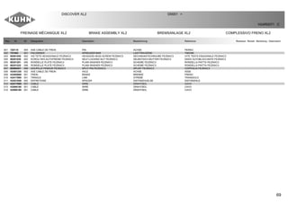 69
FREINAGE MÉCANIQUE XL2 BRAKE ASSEMBLY XL2 BREMSANLAGE XL2 COMPLESSIVO FRENO XL2
DISCOVER XL2 D0001 >
H24R0071 C
Rep Nr Qt Designation Description Bezeichnung Referenza Remarque - Remark - Bemerkung - Osservazioni
001 720119 004 AXE CABLE DE FREIN PIN ACHSE PERNO
002 751403 001 PALONNIER SPREADER BAR LASTTRAVERSE TIMONE
003 80061050 002 VIS TETE HEXAGONALE FE/ZNXC3 HEXAGON HEAD SCREW FE/ZNXC3 SECHSKANTSCHRAUBE FE/ZNXC3 VITE TESTA ESAGONALE FE/ZNXC3
004 80201030 002 ECROU HEX.AUTOFREINE FE/ZNXC3 SELF-LOCKING NUT FE/ZNXC3 SELBSTSICH.MUTTER FE/ZNXC3 DADO AUTOBLOCCANTE FE/ZNXC3
005 80251201 006 RONDELLE PLATE FE/ZNXC3 PLAIN WASHER FE/ZNXC3 SCHEIBE FE/ZNXC3 RONDELLA PIATTA FE/ZNXC3
006 80251225 006 RONDELLE PLATE FE/ZNXC3 PLAIN WASHER FE/ZNXC3 SCHEIBE FE/ZNXC3 RONDELLA PIATTA FE/ZNXC3
007 80500451 006 GOUPILLE FENDUE FE/ZNXC3 SPLIT PIN FE/ZNXC3 SPLINT FE/ZNXC3 COPPIGLIA FE/ZNXC3
008 H2401230 002 AXE CABLE DE FREIN AXLE ACHSE ASSE
009 H2405660 001 FREIN BRAKE BREMSE FRENO
010 H2417890 001 TRINGLE LINK STREBE TRIANGOLO
011 H2421840 002 ENTRETOISE SPACER DISTANZHUELSE DISTANZIALE
012 H2417990 001 CABLE WIRE DRAHTSEIL CAVO
013 H2906180 001 CABLE WIRE DRAHTSEIL CAVO
014 H2906180 001 CABLE WIRE DRAHTSEIL CAVO
 