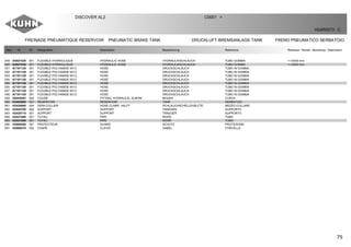 75
FREINAGE PNEUMATIQUE RESERVOIR PNEUMATIC BRAKE TANK DRUCKLUFT-BREMSANLAGE TANK FRENO PNEUMATICO SERBATOIO
DISCOVER XL2 C0001 >
H24R0073 C
Rep Nr Qt Designation Description Bezeichnung Referenza Remarque - Remark - Bemerkung - Osservazioni
049 A4921036 001 FLEXIBLE HYDRAULIQUE HYDRAULIC HOSE HYDRAULIKSCHLAUCH TUBO GOMMA <->2000 mm
050 A4921036 001 FLEXIBLE HYDRAULIQUE HYDRAULIC HOSE HYDRAULIKSCHLAUCH TUBO GOMMA <->2000 mm
051 A7181129 001 FLEXIBLE POLYAMIDE 9X12 HOSE DRUCKSCHLAUCH TUBO IN GOMMA
052 A7181129 001 FLEXIBLE POLYAMIDE 9X12 HOSE DRUCKSCHLAUCH TUBO IN GOMMA
053 A7181129 001 FLEXIBLE POLYAMIDE 9X12 HOSE DRUCKSCHLAUCH TUBO IN GOMMA
054 A7181129 001 FLEXIBLE POLYAMIDE 9X12 HOSE DRUCKSCHLAUCH TUBO IN GOMMA
055 A7181129 001 FLEXIBLE POLYAMIDE 9X12 HOSE DRUCKSCHLAUCH TUBO IN GOMMA
056 A7181129 001 FLEXIBLE POLYAMIDE 9X12 HOSE DRUCKSCHLAUCH TUBO IN GOMMA
057 A7181129 001 FLEXIBLE POLYAMIDE 9X12 HOSE DRUCKSCHLAUCH TUBO IN GOMMA
058 A7181129 001 FLEXIBLE POLYAMIDE 9X12 HOSE DRUCKSCHLAUCH TUBO IN GOMMA
059 G0445281 002 COUDE FITTING, HYDRAULIC, ELBOW BOGEN CURVA
060 H2402800 001 RESERVOIR RESERVOIR TANK SERBATOIO
061 H2420690 004 DEMI-COLLIER HOSE CLAMP, HALFT SCHLAUCHSCHELLEHÄLFTE MEZZO COLLARE
062 H2420700 002 SUPPORT SUPPORT TRAEGER SUPPORTO
063 H2420710 001 SUPPORT SUPPORT TRAEGER SUPPORTO
064 H2421080 001 TUYAU PIPE ROHR TUBO
065 H2421090 001 TUYAU PIPE ROHR TUBO
066 H2906260 001 PROTECTEUR GUARD SCHUTZ PROTEZIONE
067 H2906270 002 CHAPE CLEVIS GABEL FORCELLA
 