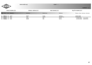 87
ROUE 500/60.22.5 WHEEL 500/60.22.5 RAD 500/60.22.5 RUOTA 500/60.22.5
DISCOVER XL2 C0001 >
H29R0011 B
Rep Nr Qt Designation Description Bezeichnung Referenza Remarque - Remark - Bemerkung - Osservazioni
001 H2900110 001 JANTE WHEEL FELGE CERCHIO [1]TRELLBORG
002 H2905640 001 PNEU TIRE REIFEN PNEUMATICO [1]TRELLBORG
003 H2905670 001 ROUE WHEEL RAD RUOTA +[1]TRELLBORG 2,4bars(35PSI)
004 H2905680 001 ROUE WHEEL RAD RUOTA +[1]TRELLBORG 2,4bars(35PSI)
 