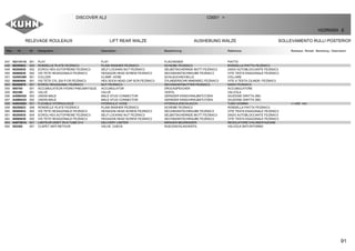 91
RELEVAGE ROULEAUX LIFT REAR WALZE AUSHEBUNG WALZE SOLLEVAMENTO RULLI POSTERIORI
DISCOVER XL2 C0001 >
H22R0093 E
Rep Nr Qt Designation Description Bezeichnung Referenza Remarque - Remark - Bemerkung - Osservazioni
047 H2114110 001 PLAT FLAT FLACHEISEN PIATTO
048 80250823 004 RONDELLE PLATE FE/ZNXC3 PLAIN WASHER FE/ZNXC3 SCHEIBE FE/ZNXC3 RONDELLA PIATTA FE/ZNXC3
049 80200830 002 ECROU HEX.AUTOFREINE FE/ZNXC3 SELF-LOCKING NUT FE/ZNXC3 SELBSTSICHERNDE MUTT.FE/ZNXC3 DADO AUTOBLOCCANTE FE/ZNXC3
050 80060830 002 VIS TETE HEXAGONALE FE/ZNXC3 HEXAGON HEAD SCREW FE/ZNXC3 SECHSKANTSCHRAUBE FE/ZNXC3 VITE TESTA ESAGONALE FE/ZNXC3
051 H2405390 001 COLLIER CLAMP, HOSE SCHLAUCHSCHELLE COLLARE
052 80080894 001 VIS TETE CYL.SIX P.CR.FE/ZNXC3 HEX.SOCK.HEAD CAP SCR.FE/ZNXC3 ZYLINDERSCHR.INNENSEC.FE/ZNXC3 VITE A TESTA CILINDR. FE/ZNXC3
053 80200870 001 ECROU HEXAGONAL FE/ZNXC3 NUT FE/ZNXC3 SECHSKANTMUTTER FE/ZNXC3 DADO FE/ZNXC3
054 900764 001 ACCUMULATEUR HYDRO-PNEUMATIQUE ACCUMULATOR DRUCKSPEICHER ACCUMULATORE
055 952380 001 VALVE VALVE VENTIL VALVOLA
056 A4080429 003 UNION MALE MALE STUD CONNECTOR GERADER EINSCHRAUBSTUTZEN GIUZIONE DIRITTA ZBC
057 A4080435 002 UNION MALE MALE STUD CONNECTOR GERADER EINSCHRAUBSTUTZEN GIUZIONE DIRITTA ZBC
058 A4923062 001 FLEXIBLE HYDRAULIQUE HYDRAULIC HOSE HYDRAULIKSCHLAUCH TUBO GOMMA <->450 mm
059 80250823 008 RONDELLE PLATE FE/ZNXC3 PLAIN WASHER FE/ZNXC3 SCHEIBE FE/ZNXC3 RONDELLA PIATTA FE/ZNXC3
060 80060853 002 VIS TETE HEXAGONALE FE/ZNXC3 HEXAGON HEAD SCREW FE/ZNXC3 SECHSKANTSCHRAUBE FE/ZNXC3 VITE TESTA ESAGONALE FE/ZNXC3
061 80200830 004 ECROU HEX.AUTOFREINE FE/ZNXC3 SELF-LOCKING NUT FE/ZNXC3 SELBSTSICHERNDE MUTT.FE/ZNXC3 DADO AUTOBLOCCANTE FE/ZNXC3
062 80060830 002 VIS TETE HEXAGONALE FE/ZNXC3 HEXAGON HEAD SCREW FE/ZNXC3 SECHSKANTSCHRAUBE FE/ZNXC3 VITE TESTA ESAGONALE FE/ZNXC3
063 A4072014 001 LIMITEUR DEBIT D0.8 TUBE D14 DELIVERY LIMITER MENGEN BEGRENZER REGOLATORE D'ALIMENTAZIONE
064 952365 001 CLAPET ANTI-RETOUR VALVE, CHECK RUECKSCHLAGVENTIL VALVOLA ANTI-RITORNO
 