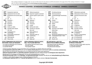 SIGNES CODIFIÉS - STANDARD SYMBOLS - SYMBOLE - SIMBOLI CODIFICATI
OPT
STD
ESP
:
>
RPL
Ø
>|<
<->
<m>
Q?
*
[n]
+[n]
<-]
[->
Equipement optionnel
Equipement livré de série
Equipement livré suivant pays
Pour ...
De ... à ...
Remplace ...
Diamètre
Epaisseur
Longueur
Vendu au mètre
Quantité selon besoin
Voir note
Composant d'un
assemblage
Assemblage comprenant
les pièces [n]
Pièce gauche
Pièce droite
OPT
STD
ESP
:
>
RPL
Ø
>|<
<->
<m>
Q?
*
[n]
+[n]
<-]
[->
Optional equipment
Equipment supplied as standard
Equipment supplied for specific countries
For ...
From ... to ...
Replaces ...
Diameter
Thickness
Length
Sold by the metre
Quantity as required
See note
Items making up
assembly
Assembly made up
by items [n]
Left part
Right part
OPT
STD
ESP
:
>
RPL
Ø
>|<
<->
<m>
Q?
*
[n]
+[n]
<-]
[->
Sonderausrüstung
Serienausrüstung
Länderabhängige Ausrüstung
Für ...
Von ... bis ...
Ersetzt ...
Durchmesser
Stärke
Länge
Meterware
Stückzahl nach Bedarf
Siehe Nota
Teil einer
Baugruppe
Baugruppe bestehend aus den
mit [n] bezeichneten Teilen
Links Teil
Rechts Teil
OPT
STD
ESP
:
>
RPL
Ø
>|<
<->
<m>
Q?
*
[n]
+[n]
<-]
[->
Attrezzatura opzionale
Attrezzatura fornita di serie
Attrezzatura fornita secondo il paese
Per ...
Da ... A ...
Sostituisce ...
Diametro
Spessore
Lunghezza
venduto a metro
Quantità richiesta
Vedi nota
Componente di
un assieme
Assieme comprendente
i componenti [n]
Sx componente
Dx componente
POUR COMMANDER DES PIECES DE
RECHANGE, VEUILLEZ INDIQUER:
· Le numéro de fabrication de la machine
· Le numéro de la pièce
· La quantité désirée
WHEN ORDERING SERVICE-PARTS,
WILL YOU PLEASE MENTION:
· The machine type and serial number
· The part number
· The quantity of parts
BEI DER BESTELLUNG VON
ERSATZTEILEN IMMER ANGEBEN:
· Die Seriennummer der Maschine
· Die Nummer des Teiles
· Die gewünschte Stückzahl
NELL'ORDINARE I RICAMBI,
SI PREGA DI INDICARE:
· Il tipo ed il numero di serie della macchina
· Il codice del componente
· La quantità desiderata
Copyright 2014 KUHN
· Toutes les pièces détachées et sous-ensembles sont à commander au magasin pièces de rechange.
· Les équipements optionnels (OPT) ainsi que les notices d'instructions sont à commander auprès des services commerciaux.
· Service parts and service part assemblies are to be ordered through the spare parts department.
· Optional equipment (OPT) and assembly operator's manuals should be ordered through the wholegood sales department.
· Bestellungen für Ersatzteile und Baugruppen sind an die Ersatzteilabteilung zu richten.
· Sonderausrüstungen (OPT) sowie Montage- und Betriebsanleitungen, bestellen Sie bitte bei der Verkaufsabteilung für Maschinen.
· I ricambi e i sotto-assiemi devono essere ordinati al Magazzino Ricambi.
· Le attrezzature opzionali (OPT) ed i manuali dell'operatore devono essere ordinati al Servizio Commerciale.
This catalog is limited to 15 pages only. To view it's full version for free please scroll this document a few pages down
 