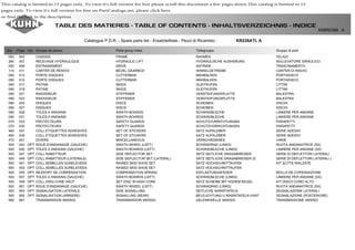 TABLE DES MATIERES - TABLE OF CONTENTS - INHALTSVERZEICHNIS - INDICE
K68R0399 A
Catalogue P.D.R. - Spare parts list - Ersatzteilliste - Pezzi di Ricambio : KR226ATL A
Grp Page Opt Groupe de pièces Parts group index Teilegruppe Gruppo di parti
050 003 CHASSIS FRAME RAHMEN TELAIO
260 007 RELEVAGE HYDRAULIQUE HYDRAULIC LIFT HYDRAULISCHE AUSHEBUNG SOLLEVATORE IDRAULICO
050 009 ENTRAINEMENT DRIVE ANTRIEB TRASCINAMENTO
110 011 CARTER DE RENVOI BEVEL GEARBOX WINKELGETRIEBE CARTER DI RINVIO
090 013 PORTE DISQUES CUTTERBAR MÄHBALKEN PORTADISCO
090 015 PORTE DISQUES CUTTERBAR MÄHBALKEN PORTADISCO
090 017 PATINS SKIDS GLEITKUFEN LITTINI
090 019 PATINS SKIDS GLEITKUFEN LITTINI
090 021 RAIDISSEUR STIFFENER VERSTEIFUNGSPLATTE BALESTRA
090 023 RAIDISSEUR STIFFENER VERSTEIFUNGSPLATTE BALESTRA
090 025 DISQUES DISCS SCHEIBEN DISCHI
090 027 DISQUES DISCS SCHEIBEN DISCHI
090 029 TOLES A ANDAINS SWATH BOARDS SCHWADBLECHE LAMIERE PER ANDANE
090 031 TOLES A ANDAINS SWATH BOARDS SCHWADBLECHE LAMIERE PER ANDANE
070 033 PROTECTEURS SAFETY GUARDS SCHUTZVORRICHTUNGEN PARAPETTI
070 035 PROTECTEURS SAFETY GUARDS SCHUTZVORRICHTUNGEN PARAPETTI
460 037 COLL.ETIQUETTES ADHESIVES SET OF STICKERS SATZ AUFKLEBER SERIE ADESIVI
460 039 COLL.ETIQUETTES ADHESIVES SET OF STICKERS SATZ AUFKLEBER SERIE ADESIVI
470 041 DIVERS MISCELLANEOUS VERSCHIEDENES VARIE
500 043 OPT ROUE D'ANDAINAGE (GAUCHE) SWATH WHEEL (LEFT) SCHWADRAD (LINKS) RUOTA ANDANATRICE (SX)
500 045 OPT TOLES A ANDAINS (GAUCHE) SWATH BOARDS (LEFT) SCHWADBLECHE (LINKS) LAMIERE PER ANDANE (SX)
500 047 OPT COLL.RABATTEUR SIDE DEFLECTOR SET SATZ SEITLICHE GRASABWEISER SERIE DI DEFLETTORI LATERALI
500 049 OPT COLL.RABATTEUR (LATERALE) SIDE DEFLECTOR SET (LATERAL) SATZ SEITLICHE GRASABWEISER (S SERIE DI DEFLETTORI LATERALI (
500 051 OPT COLL.SEMELLES SURELEVEES RAISED SKID SHOE SET SATZ HOCHSCHNITTKUFEN KIT SLITTE RIALZATE
500 053 OPT COLL.SEMELLES SURELEVEES RAISED SKID SHOE SET SATZ HOCHSCHNITTKUFEN
500 055 OPT RESSORT DE COMPENSATION COMPENSATION SPRING ENTLASTUNGSFEDER MOLLA DE COPENSAZIONE
500 057 OPT TOLES A ANDAINS (GAUCHE) SWATH BOARDS (LEFT) SCHWADBLECHE (LINKS) LAMIERE PER ANDANE (SX)
500 059 OPT COLL.DISQ.CONE HAUT SET DISC W.HIGH CONE SATZ SCHEIBE MIT HOHEM KEGEL KIT DISCO CONO ALTO
500 061 OPT ROUE D'ANDAINAGE (GAUCHE) SWATH WHEEL (LEFT) SCHWADRAD (LINKS) RUOTA ANDANATRICE (SX)
500 063 OPT SIGNALISATION LATERALE SIDE SIGNALLING SEITLICHE WARNTAFELN SEGNALAZIONE LATERALI
500 065 OPT SIGNALISATION (ARRIERE) SIGNALLING (REAR) BELEUCHTUNG U.WARNTAFELN (HINT SEGNALAZIONE (POSTERIORE)
990 067 TRANSMISSION 4800502 TRANSMISSION 4800502 GELENKWELLE 4800502 TRANSMISSIONE 4800502
This catalog is limited to 15 pages only. To view it's full version for free on PartCatalogs.net, please click here
or find the link in the description
 