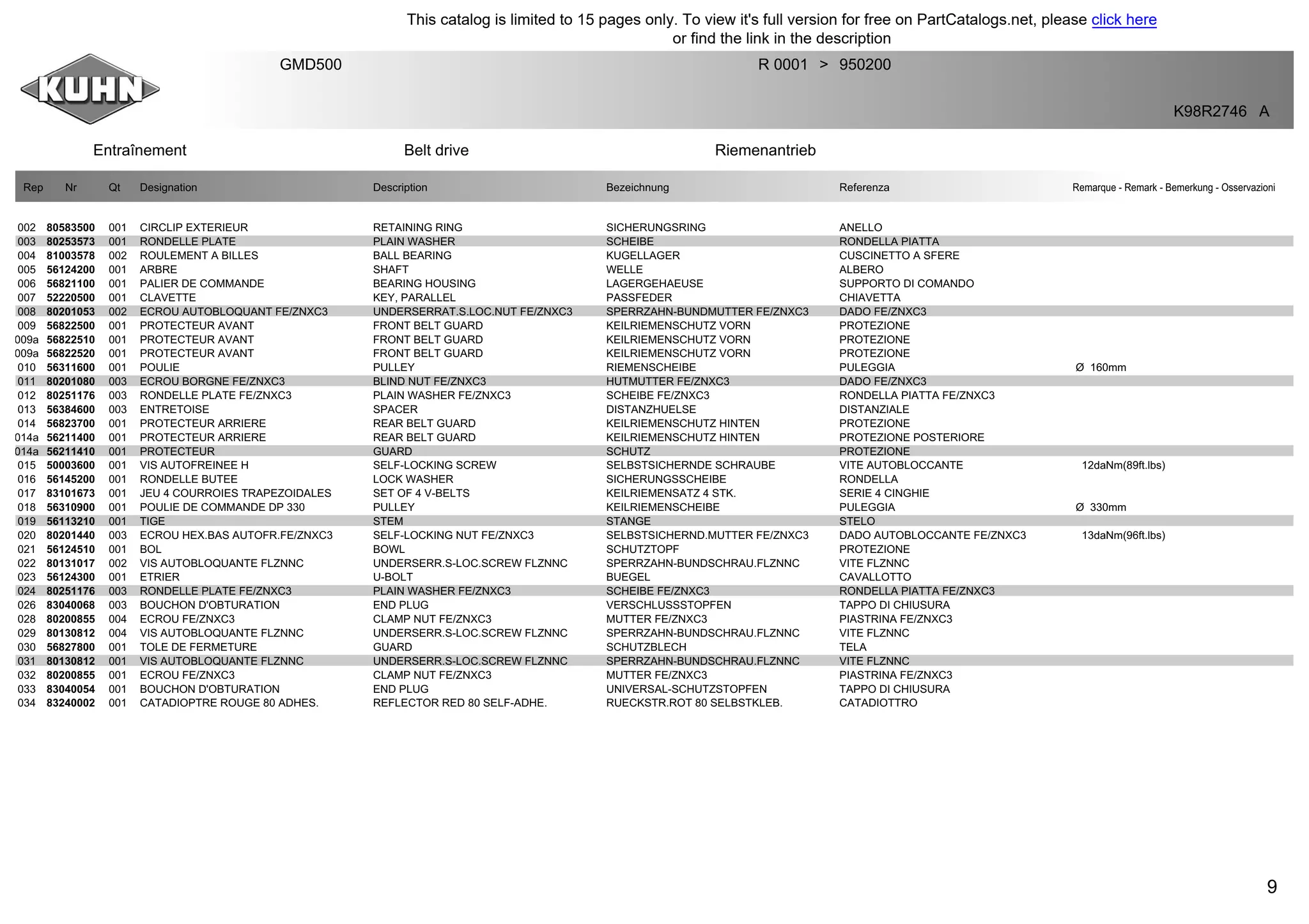 9
Entraînement Belt drive Riemenantrieb
GMD500 R 0001 950200>
K98R2746 A
Rep Nr Qt Designation Description Bezeichnung Referenza Remarque - Remark - Bemerkung - Osservazioni
002 80583500 001 CIRCLIP EXTERIEUR RETAINING RING SICHERUNGSRING ANELLO
003 80253573 001 RONDELLE PLATE PLAIN WASHER SCHEIBE RONDELLA PIATTA
004 81003578 002 ROULEMENT A BILLES BALL BEARING KUGELLAGER CUSCINETTO A SFERE
005 56124200 001 ARBRE SHAFT WELLE ALBERO
006 56821100 001 PALIER DE COMMANDE BEARING HOUSING LAGERGEHAEUSE SUPPORTO DI COMANDO
007 52220500 001 CLAVETTE KEY, PARALLEL PASSFEDER CHIAVETTA
008 80201053 002 ECROU AUTOBLOQUANT FE/ZNXC3 UNDERSERRAT.S.LOC.NUT FE/ZNXC3 SPERRZAHN-BUNDMUTTER FE/ZNXC3 DADO FE/ZNXC3
009 56822500 001 PROTECTEUR AVANT FRONT BELT GUARD KEILRIEMENSCHUTZ VORN PROTEZIONE
009a 56822510 001 PROTECTEUR AVANT FRONT BELT GUARD KEILRIEMENSCHUTZ VORN PROTEZIONE
009a 56822520 001 PROTECTEUR AVANT FRONT BELT GUARD KEILRIEMENSCHUTZ VORN PROTEZIONE
010 56311600 001 POULIE PULLEY RIEMENSCHEIBE PULEGGIA Ø 160mm
011 80201080 003 ECROU BORGNE FE/ZNXC3 BLIND NUT FE/ZNXC3 HUTMUTTER FE/ZNXC3 DADO FE/ZNXC3
012 80251176 003 RONDELLE PLATE FE/ZNXC3 PLAIN WASHER FE/ZNXC3 SCHEIBE FE/ZNXC3 RONDELLA PIATTA FE/ZNXC3
013 56384600 003 ENTRETOISE SPACER DISTANZHUELSE DISTANZIALE
014 56823700 001 PROTECTEUR ARRIERE REAR BELT GUARD KEILRIEMENSCHUTZ HINTEN PROTEZIONE
014a 56211400 001 PROTECTEUR ARRIERE REAR BELT GUARD KEILRIEMENSCHUTZ HINTEN PROTEZIONE POSTERIORE
014a 56211410 001 PROTECTEUR GUARD SCHUTZ PROTEZIONE
015 50003600 001 VIS AUTOFREINEE H SELF-LOCKING SCREW SELBSTSICHERNDE SCHRAUBE VITE AUTOBLOCCANTE 12daNm(89ft.lbs)
016 56145200 001 RONDELLE BUTEE LOCK WASHER SICHERUNGSSCHEIBE RONDELLA
017 83101673 001 JEU 4 COURROIES TRAPEZOIDALES SET OF 4 V-BELTS KEILRIEMENSATZ 4 STK. SERIE 4 CINGHIE
018 56310900 001 POULIE DE COMMANDE DP 330 PULLEY KEILRIEMENSCHEIBE PULEGGIA Ø 330mm
019 56113210 001 TIGE STEM STANGE STELO
020 80201440 003 ECROU HEX.BAS AUTOFR.FE/ZNXC3 SELF-LOCKING NUT FE/ZNXC3 SELBSTSICHERND.MUTTER FE/ZNXC3 DADO AUTOBLOCCANTE FE/ZNXC3 13daNm(96ft.lbs)
021 56124510 001 BOL BOWL SCHUTZTOPF PROTEZIONE
022 80131017 002 VIS AUTOBLOQUANTE FLZNNC UNDERSERR.S-LOC.SCREW FLZNNC SPERRZAHN-BUNDSCHRAU.FLZNNC VITE FLZNNC
023 56124300 001 ETRIER U-BOLT BUEGEL CAVALLOTTO
024 80251176 003 RONDELLE PLATE FE/ZNXC3 PLAIN WASHER FE/ZNXC3 SCHEIBE FE/ZNXC3 RONDELLA PIATTA FE/ZNXC3
026 83040068 003 BOUCHON D'OBTURATION END PLUG VERSCHLUSSSTOPFEN TAPPO DI CHIUSURA
028 80200855 004 ECROU FE/ZNXC3 CLAMP NUT FE/ZNXC3 MUTTER FE/ZNXC3 PIASTRINA FE/ZNXC3
029 80130812 004 VIS AUTOBLOQUANTE FLZNNC UNDERSERR.S-LOC.SCREW FLZNNC SPERRZAHN-BUNDSCHRAU.FLZNNC VITE FLZNNC
030 56827800 001 TOLE DE FERMETURE GUARD SCHUTZBLECH TELA
031 80130812 001 VIS AUTOBLOQUANTE FLZNNC UNDERSERR.S-LOC.SCREW FLZNNC SPERRZAHN-BUNDSCHRAU.FLZNNC VITE FLZNNC
032 80200855 001 ECROU FE/ZNXC3 CLAMP NUT FE/ZNXC3 MUTTER FE/ZNXC3 PIASTRINA FE/ZNXC3
033 83040054 001 BOUCHON D'OBTURATION END PLUG UNIVERSAL-SCHUTZSTOPFEN TAPPO DI CHIUSURA
034 83240002 001 CATADIOPTRE ROUGE 80 ADHES. REFLECTOR RED 80 SELF-ADHE. RUECKSTR.ROT 80 SELBSTKLEB. CATADIOTTRO
This catalog is limited to 15 pages only. To view it's full version for free on PartCatalogs.net, please click here
or find the link in the description
 