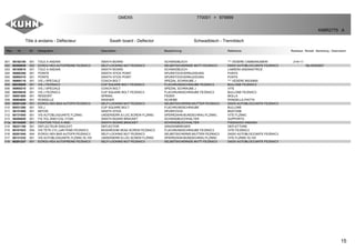 15
Tôle à andains - Déflecteur Swath board - Deflector Schwadblech - Trennblech
GMD55 770001 979999>
K98R2775 A
Rep Nr Qt Designation Description Bezeichnung Referenza Remarque - Remark - Bemerkung - Osservazioni
001 56192100 001 TOLE A ANDAIN SWATH BOARD SCHWADBLECH *** VEDERE CAMBIANUMERI 2>6+11
002 80200830 002 ECROU HEX.AUTOFREINE FE/ZNXC3 SELF-LOCKING NUT FE/ZNXC3 SELBSTSICHERNDE MUTT.FE/ZNXC3 DADO AUTOBLOCCANTE FE/ZNXC3 Rpl 80200827
003 56185610 001 TOLE A ANDAIN SWATH BOARD SCHWADBLECH LAMIERA ANDANATRICE
004 56900300 001 POINTE SWATH STICK POINT SPURSTOCKVERKLEIDUNG PUNTA
004 56900310 001 POINTE SWATH STICK POINT SPURSTOCKVERKLEIDUNG PUNTA
005 56900110 001 VIS J SPECIALE COACH BOLT SPEZIAL SCHRAUBE J *** VEDERE 80030850
005 80030850 001 VIS J FE/ZNXC3 CUP SQUARE BOLT FE/ZNXC3 FLACHRUNDSCHRAUBE FE/ZNXC3 BULLONE FE/ZNXC3
006 56900210 001 VIS J SPECIALE COACH BOLT SPEZIAL SCHRAUBE J VITE
006 80030830 001 VIS J FE/ZNXC3 CUP SQUARE BOLT FE/ZNXC3 FLACHRUNDSCHRAUBE FE/ZNXC3 BULLONE FE/ZNXC3
007 59001800 001 RESSORT SPRING FEDER MOLLA
008 56904800 001 RONDELLE WASHER SCHEIBE RONDELLA PIATTA
009 80201240 001 ECROU HEX.BAS AUTOFR.FE/ZNXC3 SELF-LOCKING NUT FE/ZNXC3 SELBSTSICHERND.MUTTER FE/ZNXC3 DADO AUTOBLOCCANTE FE/ZNXC3
010 80031280 001 VIS J CUP SQUARE BOLT FLACHRUNDSCHRAUBE BULLONE
011 56151900 001 BATON SWATH STICK SPURSTOCK BASTONE
012 80131650 001 VIS AUTOBLOQUANTE FLZNNC UNDERSERR.S-LOC.SCREW FLZNNC SPERRZAHN-BUNDSCHRAU.FLZNNC VITE FLZNNC
013 56200020 001 FIX.TOL.AND+COL CYGN SWATH BOARD BRACKET SCHWADBLECHHALTER SUPPORTO
013a 56154200 001 FIXATION TOLE A AND. SWATH BOARD BRACKET SCHWADBLECHHALTER FISSAGGIO ANDANA
014 56221100 001 DEFLECTEUR DISQ.EXT. DEFLECTOR GRASSABWEISER DEFLETTORE
015 80101023 004 VIS TETE CYL.LAR.FEND.FE/ZNXC3 MUSHROOM HEAD SCREW FE/ZNXC3 FLACHRUNDSCHRAUBE FE/ZNXC3 VITE FE/ZNXC3
016 80201040 004 ECROU HEX.BAS AUTOFR.FE/ZNXC3 SELF-LOCKING NUT FE/ZNXC3 SELBSTSICHERND.MUTTER FE/ZNXC3 DADO AUTOBLOCCANTE FE/ZNXC3
017 80131232 001 VIS AUTOBLOQUANTE FLZNNC KL105 UNDERSERR.S-LOC.SCREW FLZNNC SPERRZAHN-BUNDSCHRAU.FLZNNC VITE FLZNNC KL105
018 80201237 001 ECROU HEX.AUTOFREINE FE/ZNXC3 SELF-LOCKING NUT FE/ZNXC3 SELBSTSICHERNDE MUTT.FE/ZNXC3 DADO AUTOBLOCCANTE FE/ZNXC3
 