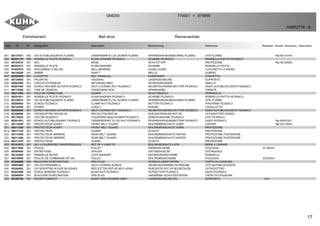 17
Entraînement Belt drive Riemenantrieb
GMD55 770001 979999>
K98R2776 A
Rep Nr Qt Designation Description Bezeichnung Referenza Remarque - Remark - Bemerkung - Osservazioni
001 80131017 002 VIS AUTOBLOQUANTE FLZNNC UNDERSERR.S-LOC.SCREW FLZNNC SPERRZAHN-BUNDSCHRAU.FLZNNC VITE FLZNNC Rpl 80131016
002 80251176 006 RONDELLE PLATE FE/ZNXC3 PLAIN WASHER FE/ZNXC3 SCHEIBE FE/ZNXC3 RONDELLA PIATTA FE/ZNXC3
003 56124510 001 BOL BOWL SCHUTZTOPF PROTEZIONE Rpl 56124500
004 80253573 001 RONDELLE PLATE PLAIN WASHER SCHEIBE RONDELLA PIATTA
005 81003578 002 ROULEMENT A BILLES BALL BEARING KUGELLAGER CUSCINETTO A SFERE
006 56124200 001 ARBRE SHAFT WELLE ALBERO
007 52220500 001 CLAVETTE KEY, PARALLEL PASSFEDER CHIAVETTA
008 56124000 001 PALIER NU HOUSING LAGERGEHAEUSE SUPPORTO
009 80583500 001 CIRCLIP EXTERIEUR RETAINING RING SICHERUNGSRING ANELLO
010 80201440 003 ECROU HEX.BAS AUTOFR.FE/ZNXC3 SELF-LOCKING NUT FE/ZNXC3 SELBSTSICHERND.MUTTER FE/ZNXC3 DADO AUTOBLOCCANTE FE/ZNXC3
011 56113200 001 TIGE DE TENSION TENSIONING ROD SPANNHEBEL TIRANTE
012 56211200 001 TOLE DE FERMETURE GUARD SCHUTZBLECH FERMAGLIO
013 80251631 001 RONDELLE PLATE FE/ZNXC3 PLAIN WASHER FE/ZNXC3 SCHEIBE FE/ZNXC3 RONDELLA PIATTA FE/ZNXC3
014 80130812 001 VIS AUTOBLOQUANTE FLZNNC UNDERSERR.S-LOC.SCREW FLZNNC SPERRZAHN-BUNDSCHRAU.FLZNNC VITE FLZNNC
015 80200855 001 ECROU FE/ZNXC3 CLAMP NUT FE/ZNXC3 MUTTER FE/ZNXC3 PIASTRINA FE/ZNXC3
016 56124300 001 ETRIER U-BOLT BUEGEL CAVALLOTTO
017 80200540 001 ECROU HEX.BAS AUTOFR.FE/ZNXC3 SELF-LOCKING NUT FE/ZNXC3 SELBSTSICHERND.MUTTER FE/ZNXC3 DADO AUTOBLOCCANTE FE/ZNXC3
018 83240006 001 CATADIOPTRE ROUGE 60 REFLECTOR RED 60 RUECKSTRAHLER ROT 60 CATADIOTTRO ROSSO
019 80110525 001 VIS F/90 FE/ZNXC3 COUNTERS.HEAD SCREW FE/ZNXC3 SENKSCHRAUBE FE/ZNXC3 VITE FE/ZNXC3
020 80201053 002 ECROU AUTOBLOQUANT FE/ZNXC3 UNDERSERRAT.S.LOC.NUT FE/ZNXC3 SPERRZAHN-BUNDMUTTER FE/ZNXC3 DADO FE/ZNXC3 Rpl 80201051
021 56112630 001 PROTECTEUR AVANT FRONT BELT GUARD KEILRIEMENSCHUTZ VORN CARTER Rpl 56112620
021 56211300 001 PROTECTEUR AVANT FRONT BELT GUARD KEILRIEMENSCHUTZ VORN PROTEZIONE
021a 56211310 001 PROTECTEUR GUARD SCHUTZ PROTEZIONE
022 56114300 001 PROTECTEUR ARRIERE REAR BELT GUARD KEILRIEMENSCHUTZ HINTEN PROTEZIONE POSTERIORE
022 56211400 001 PROTECTEUR ARRIERE REAR BELT GUARD KEILRIEMENSCHUTZ HINTEN PROTEZIONE POSTERIORE
022a 56211410 001 PROTECTEUR GUARD SCHUTZ PROTEZIONE
023 83101673 001 JEU 4 COURROIES TRAPEZOIDALES SET OF 4 V-BELTS KEILRIEMENSATZ 4 STK. SERIE 4 CINGHIE
024 56311600 001 POULIE PULLEY RIEMENSCHEIBE PULEGGIA Ø 160mm
025 56384600 003 ENTRETOISE SPACER DISTANZHUELSE DISTANZIALE
026 56145200 001 RONDELLE BUTEE LOCK WASHER SICHERUNGSSCHEIBE RONDELLA
027 56310900 001 POULIE DE COMMANDE DP 330 PULLEY KEILRIEMENSCHEIBE PULEGGIA Ø 330mm
028 83040068 003 BOUCHON D'OBTURATION END PLUG VERSCHLUSSSTOPFEN TAPPO DI CHIUSURA
029 50003600 001 VIS AUTOFREINEE H SELF-LOCKING SCREW SELBSTSICHERNDE SCHRAUBE VITE AUTOBLOCCANTE
030 83240002 001 CATADIOPTRE ROUGE 80 ADHES. REFLECTOR RED 80 SELF-ADHE. RUECKSTR.ROT 80 SELBSTKLEB. CATADIOTTRO
031 80201080 003 ECROU BORGNE FE/ZNXC3 BLIND NUT FE/ZNXC3 HUTMUTTER FE/ZNXC3 DADO FE/ZNXC3
032 83040054 001 BOUCHON D'OBTURATION END PLUG UNIVERSAL-SCHUTZSTOPFEN TAPPO DI CHIUSURA
033 56195700 001 PALIER COMPLET SHAFT AND HOUSING ASSY LAGERGEHAEUSE KPL SUPPORTO 4>9
 