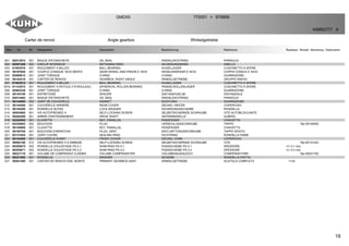 19
Carter de renvoi Angle gearbox Winkelgetriebe
GMD55 770001 979999>
K98R2777 A
Rep Nr Qt Designation Description Bezeichnung Referenza Remarque - Remark - Bemerkung - Osservazioni
001 82013572 001 BAGUE D'ETANCHEITE OIL SEAL RADIALDICHTRING PARAOLIO
002 80597200 002 CIRCLIP INTERIEUR RETAINING RING SICHERUNGSRING ANELLO
003 81003576 001 ROULEMENT A BILLES BALL BEARING KUGELLAGER CUSCINETTO A SFERE
004 56197620 001 COUPLE CONIQUE 16/33 DENTS GEAR WHEEL AND PINION Z.16/33 KEGELRADPAAR Z.16/33 COPPIA CONICA Z.16/33
005 82060012 001 JOINT TORIQUE O-RING O-RING GUARNIZIONE
006 56144310 001 CARTER DE RENVOI GEARBOX, RIGHT ANGLE WINKELGETRIEBE GRUPPO RINVIO
007 81003572 001 ROULEMENT A BILLES BALL BEARING KUGELLAGER CUSCINETTO A SFERE
007a 81143572 001 ROULEMENT A ROTULE 2 R.ROULEAU SPHERICAL ROLLER BEARING PENDELROLLENLAGER CUSCINETTO A SFERE
008 82063236 001 JOINT TORIQUE O-RING O-RING GUARNIZIONE
009 56145100 001 ENTRETOISE SPACER DISTANZHUELSE DISTANZIALE
010 82014462 001 BAGUE D'ETANCHEITE OIL SEAL RADIALDICHTRING PARAOLIO
011 56144900 002 JOINT DE COUVERCLE GASKET DICHTUNG GUARNIZIONE
012 56144500 001 COUVERCLE ARRIERE REAR COVER DECKEL HINTEN COPERCHIO
013 56145200 001 RONDELLE BUTEE LOCK WASHER SICHERUNGSSCHEIBE RONDELLA
014 50003600 001 VIS AUTOFREINEE H SELF-LOCKING SCREW SELBSTSICHERNDE SCHRAUBE VITE AUTOBLOCCANTE
015 56204200 001 ARBRE D'ENTRAINEMENT DRIVE SHAFT ANTRIEBSWELLE ALBERO
016 52220500 001 CLAVETTE KEY, PARALLEL PASSFEDER CHIAVETTA
017 82230003 002 BOUCHON PLUG VERSCHLUSSSCHRAUBE TAPPO Rpl 56146000
018 56145000 001 CLAVETTE KEY, PARALLEL PASSFEDER CHIAVETTA
020 56185700 001 BOUCHON D'AERATION PLUG, VENT ENTLUEFTUNGSSCHRAUBE TAPPO SFIATO
021 82131824 001 JOINT CUIVRE SEALING RING DICHTRING RONDELLA RAME
022 56144400 001 COUVERCLE AVANT FRONT COVER DECKEL VORN COPERCHIO
023 50002100 012 VIS AUTOFREINEE H A EMBASE SELF-LOCKING SCREW SELBSTSICHERNDE SCHRAUBE VITE Rpl 80131022
024 80255670 002 RONDELLE D'AJUSTAGE PS 0,1 SHIM RING PS 0,1 PASSSCHEIBE PS 0,1 SPESSORE >|< 0,1 mm
024 80255671 002 RONDELLE D'AJUSTAGE PS 0,3 SHIM RING PS 0,3 PASSSCHEIBE PS 0,3 SPESSORE >|< 0,3 mm
025 56221710 001 VOLUME DE COMPENSAT.0,25DM3 VOLUME COMPENSATER VOLUMENAUSGLEICH COMPENSATORE Rpl 56221700
026 56221800 001 RONDELLE WASHER SCHEIBE RONDELLA PIATTA
027 56281200 001 CARTER DE RENVOI ENS. MONTE PRIMARY GEARBOX ASSY WINKELGETRIEBE SCATOLA COMPLETA 1>24
 