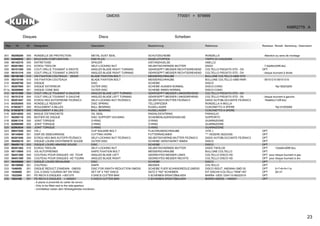 23
Disques Discs Scheiben
GMD55 770001 979999>
K98R2779 A
Rep Nr Qt Designation Description Bezeichnung Referenza Remarque - Remark - Bemerkung - Osservazioni
001 56206200 005 RONDELLE DE PROTECTION METAL DUST SEAL SCHUTZSCHEIBE RONDELLA Attention au sens de montage
005 83040052 001 BOUCHON D'OBTURATION END PLUG KEGELSTOPFEN TAPPO DI CHIUSURA
006 56142310 005 ENTRETOISE SPACER DISTANZHUELSE ANELLO
007 80201062 010 ECROU TWOLOK SELF-LOCKING NUT SELBSTSICHERNDE MUTTER DADO 7,5daNm(55ft.lbs)
008 56151300 006 COUT.VRILLE TOUNANT A DROITE ANGLED BLADE RIGHT TURNING GEKROEPFT.MESSER RECHTSDREHEND COLTELLO PIEGATO STD - DX OPT
008 56151310 006 COUT.VRILLE TOUNANT A DROITE ANGLED BLADE RIGHT TURNING GEKROEPFT.MESSER RECHTSDREHEND COLTELLO PIEGATO STD - DX : disque tournant à droite
009 56150100 010 VIS FIXATION COUTEAUX 35CD4 BLADE FIXATION BOLT MESSERSCHRAUBE BULLONE COLTELLO-GMD STD
009 56210100 010 VIS FIXATION COUTEAUX BLADE FIXATION BOLT MESSERSCHRAUBE BULLONE COLTELLO GMD-RINF. : 56151210-56151310
010 56200700 004 DISQUE DISC SCHEIBE DISCO
011 56207600 001 DISQUE EXTERIEUR OUTER DISC SCHEIBE AUSSEN NORMAL DISCO-CONO Rpl 56203200
011a 56200800 001 DISQUE CONE BAS OUTER DISC SCHEIBE INNEN NORMAL DISCO-CONO
012 56151200 004 COUT.VRILLE TOUNANT A GAUCHE ANGLED BLADE LEFT TURNING GEKROEPFT.MESSER LINKSDREHEND COLTELLO PIEGATO STD - SX
012 56151210 004 COUT.VRILLE TOUNANT A GAUCHE ANGLED BLADE LEFT TURNING GEKROEPFT.MESSER LINKSDREHEND COLTELLO PIEGATO STD - SX : disque tournant à gauche
013 80201847 005 ECROU HEX.AUTOFREINE FE/ZNXC3 SELF-LOCKING NUT FE/ZNXC3 SELBSTSICH.MUTTER FE/ZNXC3 DADO AUTOBLOCCANTE FE/ZNXC3 18daNm(133ft.lbs)
014 80282005 005 RONDELLE RESSORT DISC SPRING TELLERFEDER RONDELLA A MOLLA
015 81003071 005 ROULEMENT A BILLES BALL BEARING KUGELLAGER CUSCINETTO A SFERE Rpl 81003069
015a 81003076 005 ROULEMENT A BILLES BALL BEARING KUGELLAGER CUSCINETTO A SFERE
016 82014052 005 BAGUE D'ETANCHEITE OIL SEAL RADIALDICHTRING PARAOLIO
017 56200110 005 BOITIER DE DISQUE DISC SUPPORT HOUSING SCHEIBENLAGERGEHAEUSE SUPPORTO
018 82061316 020 JOINT TORIQUE O-RING O-RING GUARNIZIONE
019 82068590 005 JOINT TORIQUE O-RING O-RING GUARNIZIONE
020 82063034 005 JOINT TORIQUE O-RING O-RING GUARNIZIONE
023 80031020 004 VIS J CUP SQUARE BOLT FLACHRUNDSCHRAUBE VITE J OPT
024 56145600 001 DISP.DE DEBOURRAGE CUTTING HORN FUTTERRAEUMER *** VEDERE 06202300 OPT
025 80201040 004 ECROU HEX.BAS AUTOFR.FE/ZNXC3 SELF-LOCKING NUT FE/ZNXC3 SELBSTSICHERND.MUTTER FE/ZNXC3 DADO AUTOBLOCCANTE FE/ZNXC3 OPT
026 56450210 001 DISQUE LOURD D'EXTREMITE SOUDE OUTER DISC SCHEIBE VERSTAERKT INNEN DISCO OPT
027 56450110 003 DISQUE LOURD ABAISSE SOUDE DISC SCHEIBE DISCO OPT
028 80201262 010 ECROU TWOLOK SELF-LOCKING NUT SELBSTSICHERNDE MUTTER DADO TWOLOK OPT 12daNm(89ft.lbs)
029 56115800 010 VIS AUTOFREINEE KNIFE FIXATION BOLT MESSERSCHRAUBE BULLONE COLTELLO OPT
030 56451200 004 COUTEAU POUR DISQUES HD TOUR ANGLED BLADE LEFT GEDREHTES MESSER LINKS COLTELLO DISCO HD OPT pour disque tournant à gau
030 56451300 006 COUTEAU POUR DISQUES HD TOURN ANGLED BLADE RIGHT GEDREHTES MESSER RECHTS COLTELLO DISCO HD OPT pour disque tournant à dro
031 56450600 001 DISQUE LOURD REHAUSSE DISC SCHEIBE DISCO OPT *
032 56150000 001 COUTEAU KNIFE MESSER COLTELLO OPT
033 1046050 001 DISQUE REDUCT.D'ANDAIN GMD55 DISC FOR SWATH REDUCTION GMD55 SCHEIBE FUER SCHWADREDUZ.GMD55 DISCO RIDUT. ANDANA GMD 55 OPT 5+7+8+9+11a
034 1026000 001 COL.5 DISQ."LOURDS HD" EN VRAC SET OF 5 "HD" DISCS SATZ 5 "HD" SCHEIBEN KIT DISCHI+COLTELLI "RINF.HD" OPT 26>31
035 1023200 001 PD RECH.5 DISQUES ->I931375 5 DISCS CUTTER BAR 5 SCHEIBEN ERSATZBALKEN BARRA -VEDI 1024110-56222010 OPT
035 1024100 001 PD RECH.5 DISQUES I->940001 5 DISCS CUTTER BAR 5 SCHEIBEN ERSATZBALKEN BARRA GMD55 :->940001 OPT
- A placer à proximité du carter de renvoi.
- Only to be fitted next to the side-gearbox.
- Unmittelbar neben dem Winkelgetriebe montieren.
 
