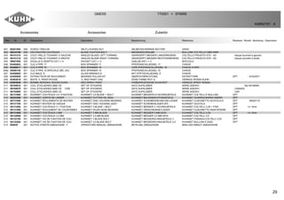 29
Accessoires Accessories Zubehör
GMD55 770001 979999>
K98R2781 A
Rep Nr Qt Designation Description Bezeichnung Referenza Remarque - Remark - Bemerkung - Osservazioni
001 80201062 005 ECROU TWOLOK SELF-LOCKING NUT SELBSTSICHERNDE MUTTER DADO
002 56210100 005 VIS FIXATION COUTEAUX BLADE FIXATION BOLT MESSERSCHRAUBE BULLONE COLTELLO GMD-RINF.
003 56151210 004 COUT.VRILLE TOUNANT A GAUCHE ANGLED BLADE LEFT TURNING GEKROEPFT.MESSER LINKSDREHEND COLTELLO PIEGATO STD - SX : disque tournant à gauche
004 56151310 006 COUT.VRILLE TOUNANT A DROITE ANGLED BLADE RIGHT TURNING GEKROEPFT.MESSER RECHTSDREHEND COLTELLO PIEGATO STD - DX : disque tournant à droite
005 59001000 002 DOUILLE D ADAPTA.CAT.I + II SOCKET CAT.I + II HUELSE KAT.I + II BOCCOLA
006 83450002 001 CLE A PIPE 17 BOX SPANNER 17 PFEIFENSCHLUESSEL 17 CHIAVE
006 83450011 001 CLE A PIPE 16 BOX SPANNER 16 VOIR PFEIFENSCHLUESSEL 16 CHIAVE A PIPA
006a 50080100 001 CLE A PIPE 16 SPECIALE ZBC JAU BOX SPANNER 16 PFEIFENSCHLUESSEL 16 CHIAVE
007 83450005 001 CLE MALE 8 ALLEN WRENCH 8 6KT.STIFTSCHLUESSEL 8 CHIAVE
008 83450009 001 EXTRACTEUR DE ROULEMENT BEARING PULLER KIT ABZIEHVORRICHTUNG ESTRATTORE OPT : 81003071
009 83503018 001 BOITE 1L PEINT.ROUGE 1L RED PAINT CAN, DOSE FARBE ROT,1L VERNICE ROSSA KUHN
010 83503026 001 BOMBE AEROSOL ROUGE KUHN RED SPRAY PAINT FARBSPRUEHDOSE KUHN ROT VERNICE SPRAY ROSSA
011 56194910 001 COLL.ETIQ.ADHES.GMD CE SET OF STICKERS SATZ AUFKLEBER SERIE ADESIVI Rpl 56194900
011 56194970 001 COLL.ETIQ.ADHES.GMD CE CDN SET OF STICKERS SATZ AUFKLEBER SERIE ADESIVI : CANADA
011 56194980 001 COLL.ETIQ.ADHES.GMD CE SET OF STICKERS SATZ AUFKLEBER SERIE ADESIVI : USA
012 56131000 001 KUHNSET COUTEAUX 3,5 +FIXATION KUHNSET 3,5 BLADE + BOLT KUHNSET MESSER3,5+SCHRAUBTEILE KUHNSET COLTELLI E BULLONI OPT
012 56234300 001 KUHNSET JOINTS DE LAMIER KUHNSET CUTTER OIL SEAL KUHNSET BALKENDICHTUNGSTEILE KUHNSET GUARNIZ.BARRA GMD55 OPT
012 56131600 001 KUHNSET ROULEMENTS DE BOITIER KUHNSET DISC HOUSING BEARING KUHNSET SCHEIBENGEHAEUSE-LAGER KUHNSET CUSCINETTO SCATOLA D. OPT : 56200110
012 56131700 001 KUHNSET BOITIER DE DISQUE KUHNSET DISC HOUSING ASSY KUHNSET SCHEIBENLAGER KPL KUHNSET SCATOLA OPT
012 56131800 001 KUHNSET COUTEAUX 3 + FIXATION KUHNSET 3 BLADE + BOLT KUHNSET MESSER 3 +SCHRAUBTEILE KUHNSET COLTELLI 3,00 + FISS. OPT >|< 3mm
012 56131500 001 KUHNSET ROULEMENT DE COURONNES KUHNSET IDLER GEAR BEARING KUHNSET ZWISCHENRAD-LAGER KUHNSET CUSCINETTO INGR.INTERM OPT
012 56131900 001 KUHNSET COUTEAUX 3 MM KUHNSET 3 MM BLADE KUHNSET MESSER 3 MM DICK KUHNSET COLTELLI 3,00 OPT >|< 3mm
012 56132000 001 KUHNSET COUTEAUX 3,5 MM KUHNSET 3,5 MM BLADE KUHNSET MESSER 3,5 MM DICK KUHNSET COLTELLI 3,5 OPT
012 56132100 001 KUHNSET VIS DE FIXATION DE COU KUHNSET 3 BLADE BOLT KUHNSET MESSERSCHRAUBTEILE 3 KUHNSET FISSAGG.COLTELLI 3,00 OPT
012 56132200 001 KUHNSET VIS DE FIXATION DE COU KUHNSET 3,5 BLADE BOLT KUHNSET MESSERSCHRAUBTEILE 3,5 KUHNSET BULLONI E DADI OPT
013 95003F 001 NOTICE D'INSTR.GMD44/55/66 F OPERATORS MANUAL GMD44/55/66 BETR-ANL.GMD44/55/66 MAN.USO MANUT.GMD44/55/99
 