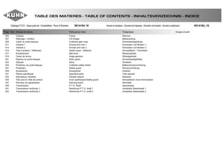 TABLE DES MATIERES - TABLE OF CONTENTS - INHALTSVERZEICHNIS - INDICE
Catalogue P.D.R. - Spare parts list - Ersatzteilliste - Pezzi di Ricambio : Annule et remplace - Cancels and replaces - Annuliert und ersetzt - Annulla e sostituisce :9014184 19 9014184_18
Page Opt Groupe de pièces Parts group index Teilegruppe Gruppo di parti
003 Châssis Frame Rahmen
007 Relevage - Limiteur Lift linkage Balkenaufzug
009 Carter du porte-disques Cutterbar gear case Schneidwerkgehäuse
011 Visserie 1 Screws and nuts 1 Schrauben und Muttern 1
013 Visserie 2 Screws and nuts 2 Schrauben und Muttern 2
015 Tôle à andains - Déflecteur Swath board - Deflector Schwadblech - Trennblech
017 Entraînement Belt drive Riemenantrieb
019 Carter de renvoi Angle gearbox Winkelgetriebe
021 Pignons du porte-disques Rotor gears Schneidwerkgetriebe
023 Disques Discs Scheiben
025 Protecteur du porte-disques Cutterbar safety shield Balkenschutzvorrichtung
027 Protecteur Safety guard Schutzvorrichtung
029 Accessoires Accessories Zubehör
031 Pièces spécifiques Specifical parts Teile speziell
033 Décrotteurs vibratiles Flexible cleaner Abweiser
035 Tôle and.int.+tôle de protect. Inner swathboard-Safety guard Schwadblech innen-Schutzblech
037 Panneau de signalisation Warning board Warntafel
039 Transmission P.T.O. Shaft Gelenkwelle
041 Transmission renforcée 1 Reinforced P.T.O. shaft 1 Verstärkte Gelenkwelle 1
043 Transmission renforcée 2 Reinforced P.T.O. shaft 2 Verstärkte Gelenkwelle 2
 