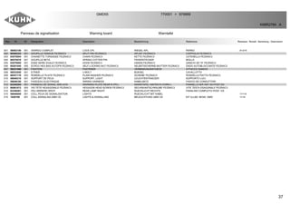 37
Panneau de signalisation Warning board Warntafel
GMD55 770001 979999>
K98R2784 A
Rep Nr Qt Designation Description Bezeichnung Referenza Remarque - Remark - Bemerkung - Osservazioni
001 56063100 001 VERROU COMPLET LOCK CPL RIEGEL KPL PERNO X+2>5
002 80500322 001 GOUPILLE FENDUE FE/ZNXC3 SPLIT PIN FE/ZNXC3 SPLINT FE/ZNXC3 COPPIGLIA FE/ZNXC3
003 83070004 001 CHAINETTE TORSADEE FE/ZNXC3 CHAIN FE/ZNXC3 KETTE FE/ZNXC3 CATENELLA FE/ZNXC3
004 80570476 001 GOUPILLE BETA SPRING COTTER PIN FEDERSTECKER MOLLA
005 83070065 001 ESSE SERIE EGALE FE/ZNXC3 HOOK FE/ZNXC3 HAKEN FE/ZNXC3 GANCIO AD "S" FE/ZNXC3
006 80201040 005 ECROU HEX.BAS AUTOFR.FE/ZNXC3 SELF-LOCKING NUT FE/ZNXC3 SELBSTSICHERND.MUTTER FE/ZNXC3 DADO AUTOBLOCCANTE FE/ZNXC3
007 56231400 001 FIXATION FASTENER VERBINDUNGSSTUECK ATTACCO GANCIO
008 58533200 001 ETRIER U-BOLT BUEGEL CAVALLOTTO
009 80251176 003 RONDELLE PLATE FE/ZNXC3 PLAIN WASHER FE/ZNXC3 SCHEIBE FE/ZNXC3 RONDELLA PIATTA FE/ZNXC3
010 56646310 001 SUPPORT DE FEUX SUPPORT, LIGHT LEUCHTENTRAEGER SUPPORTO LUCI
011 56646100 001 FAISCEAU ELECTRIQUE WIRING HARNESS KABELNETZ FASCIO DE CONDUTTORI
012 83240204 001 PANNEAU DE SIGNAL.ARD-AVG WARNING PLATE REAR R./FR.L. WARNTAFEL HINTEN R./VORN L. PANNELLO B/R ANT.SX-POST.DX
013 80061072 003 VIS TETE HEXAGONALE FE/ZNXC3 HEXAGON HEAD SCREW FE/ZNXC3 SECHSKANTSCHRAUBE FE/ZNXC3 VITE TESTA ESAGONALE FE/ZNXC3
014 83240401 001 FEU ARRIERE DROIT REAR LAMP RIGHT RUECKLICHT RECHTS FANALINO COMPLETO POST. DX
015 56646000 001 COLL.FEUX DE SIGNALISATION LIGHTS RUECKLICHT MIT KABEL 11+14
015 1026100 001 COLL.SIGNALISA.GMD CE LIGHTS & SIGNALLING BELEUCHTUNG GMD CE KIT ILLUM. SEGN. GMD 1>14
 