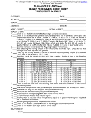 1
TL 6200 SERIES LANDSMAN
DEALER PREDELIVERY CHECK SHEET
TO BE CHECKED BY DEALER
CUSTOMER DATE
ADDRESS COUNTY
DEALER
ADDRESS COUNTY
MODEL NUMBER SERIAL NUMBER
DEALER CHECK:
1. Check to see that all rocker shaft bolts are tight and pins are in place.
2. Check to see that hydraulic cylinders are full of oil (air bled out of cylinders). Clevis pins with
hairpin clips should be in place. Models TL 6200--9, TL 6200--12, TL 6200--15 require 6
Quarts / 5.76 Liters of oil; Models TL 6200--18 and TL 6200--21 require 20 Quarts / 19 Liters
of oil; Models TL 6200--24 and TL 6200--27 require 24 Quarts / 22.7 Liters of oil; Model TL
6200--31 will require 34 Quarts / 32.2 Liters of oil, and Model TL 6200--36 will require 51
Quarts / 48 Liters of oil; Models TL 6200--42 and TL 6200--45 require 55 Quarts / 52 Liters.
3. Examine hydraulic hoses to see that they are protected from damage.
4. Bolts attaching the walking tandem to the wheel arms should be tight. Check to see that
bearings have been adjusted and greased.
5. Check lug bolt holding wheels to the hub to see that they are properly torqued (6 bolt wheel
120 Ft. Lbs.; 8 bolt wheels to 170 Ft. Lbs.)
6. See chart below for correct size tires and their locations. Inflate all tires to the following
pressures:
MODEL CENTER SECTION WING SECTION
TL 6200--09 (4) 9.5L x 15, 8--Ply inflated to 44 PSI -- -- N/A -- --
TL 6200--12 (4) 9.5L x 15, 8--Ply inflated to 44 PSI -- -- N/A -- --
TL 6200--15 (4) 9.5L x 15, 8--Ply inflated to 44 PSI -- -- N/A -- --
TL 6200--18 (4) 11L x 15, 12--Ply inflated to 52 PSI (4) 9.5L x 15, 8--Ply inflated to 44 PSI
TL 6200--21 (4) 11L x 15, 12--Ply inflated to 52 PSI (4) 9.5L x 15, 8--Ply inflated to 44 PSI
TL 6200--24 (4) 11L x 15 FI, 6--Bolt inflated to 90 PSI (4) 11L x 15, 8--Ply inflated to 36 PSI
TL 6200--27 (4) 12.5FI, 8--Bolt inflated to 90 PSI (4) 11L x 15, 8--Ply inflated to 36 PSI
TL 6200--31 (4) 12.5FI, 8--Bolt inflated to 90 PSI (4) 11L x 15, 8--Ply inflated to 36 PSI
TL 6200--36 (4) 12.5FI, 8--Bolt inflated to 90 PSI (8) 11L x 15, 8--Ply inflated to 36 PSI
TL 6200--42 (4) 12.5FI, 8--Bolt inflated to 90 PSI (8) 11L x 15, 8--Ply inflated to 36 PSI
TL 6200--45 (4) 12.5FI, 8--Bolt inflated to 90 PSI (8) 11L x 15, 8--Ply inflated to 36 PSI
7. Check to see that bolts and pins attaching hitch frame and clevis weldment to hitch are in
place and tightened.
8. Jack should be operational for support of tongue when implement is not attached to a tractor.
9. Road lock and wing lock are engaged and operate satisfactorily.
10. Restrictors are installed in wing lift cylinder rod end ports.
11. All decals are in place per page P80--P81 of this owner’s manual.
12. Customer review sheet is filled out and signed.
13. A safety chain is provided with a strength rating equal to or greater than the gross weight of
the TL 6200 with attachments.
14. Review lighting requirements. Light kits are standard.
15. Check to see that the Owner’s Manual is in the storage tube on the implement.
16. Check to see that the SMV Sign is clean and in place.
DELIVERED BY:
DATE:
This catalog is limited to 15 pages only. To view it's full version for free on PartCatalogs.net, please click here
or find the link in the description
 