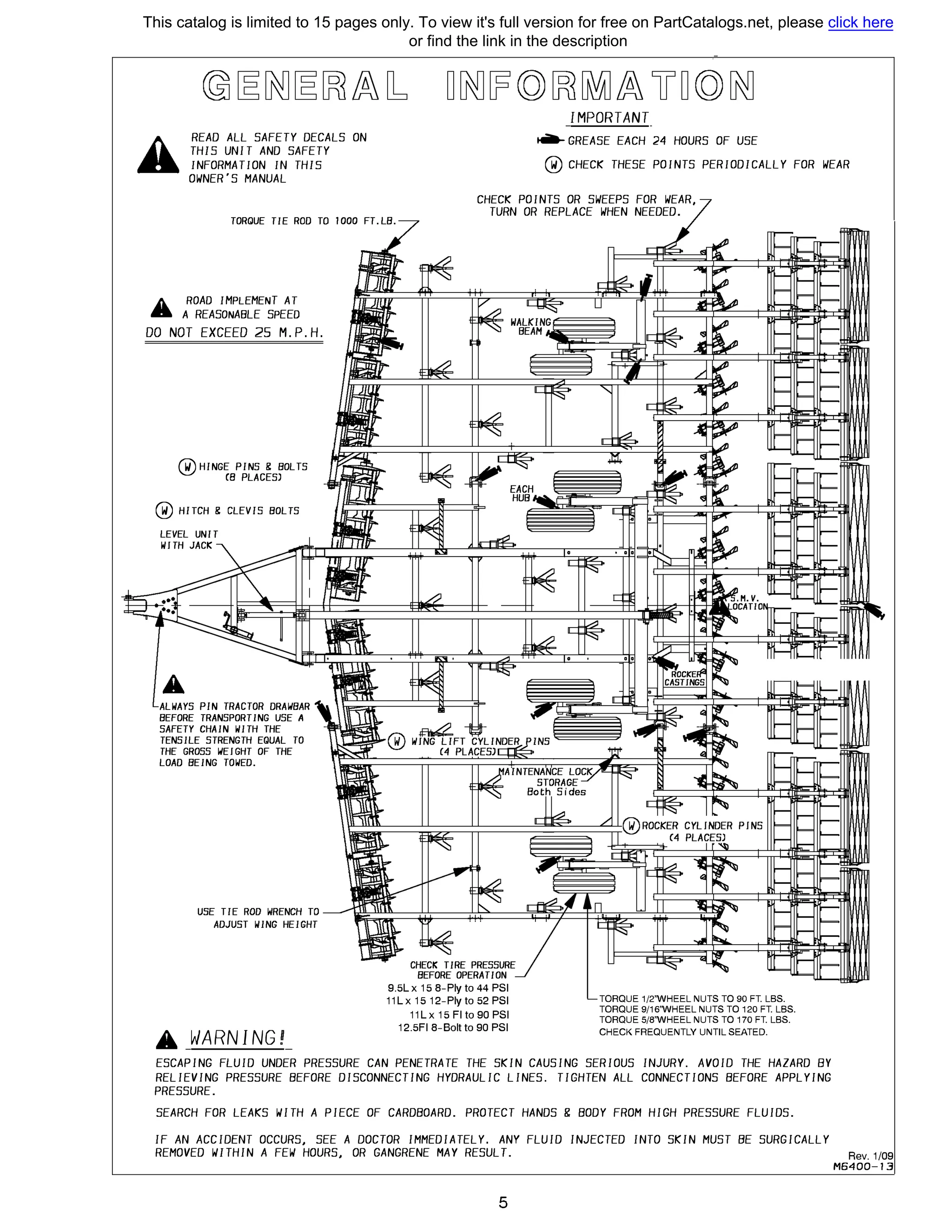 IMPORTANT
....,_ GREASE ЕАСН 24 HOURS OF USEREAD ALL SAFETY DECALS ON
THI5 UNIT AND SAFETY
INFORMATION IN THI5
OWNER'S MANUAL
® СНЕСК THESE POINTS PERIODICALLY FOR WEAR
СНЕСК POINTS OR SWEEPS FOR WEAR,
TURN OR REPLACE WHEN NEEDED.
TORQUE Т/Е ROD ТО 1000 FT.LB.
А ROAD IMPLEMENT АТ
" А REASONABLE SPEED
DO NOT EXCEED 25 М.Р.Н.
@нINGE PINS & BOLTS
СВ PLACESJ
® Н/ТСН & CLEV/5 BOLTS
LEVEL UNIТ
W/ТН JACK
ALWAYS PIN TRACTOR DRA�BAR
BEFORE TRANSPORTING USE А
SAFETY CHAIN WITH ТНЕ
TENSILE STRENGTH EQUAL ТО
ТНЕ GROSS �EIGHT OF ТНЕ
LOAD BEING TOWED.
А lNARNING!
СНЕСК Т/RE PRESSURE
BEFORE OPERAТ/ON
9.5Lх 15 8-Ply to 44 PSI
11Lx 15 12-Ply to 52 PSI
11Lx 15 FI to 90 PSI
12.5FI 8-Bolt to 90 PSI
ТORQUE 1/2'WHEEL NUTS ТО 90 FT. LBS.
ТORQUE 9/1б'WHEEL NUTS ТО 120 FT. LBS.
ТORQUE 5/8'WHEEL NUTS ТО 170 FT. LBS.
СНЕСК FREQUENTLY UNТIL SEATED.
ESCAPING FLUID UNDER PRESSURE CAN PENETRATE ТНЕ SKIN CAUSING SERIOUS INJURY. AVOID ТНЕ HAZARD ВУ
RELIEVING PRESSURE BEFORE DISCONNECTING HYDRAULIC LINES. TIGHTEN ALL CONNECTIONS BEFORE APPLYING
PRESSURE.
SEARCH FOR LEAKS WITH А PIECE OF CARDBOARD. PROTECT HANDS & BODY FROM HIGH PRESSURE FLUIDS.
IF AN ACCIDENT OCCURS, SEE А DOCTOR IMMEDIATELY. ANY FLUID INJECTED INTO SKIN MUST ВЕ SURGICALLY
REMOVED WIТHIN А FEW HOURS, OR GANGRENE МАУ RESULT. Rev. 1/09
М6400-13
5
This catalog is limited to 15 pages only. To view it's full version for free on PartCatalogs.net, please click here
or find the link in the description
 