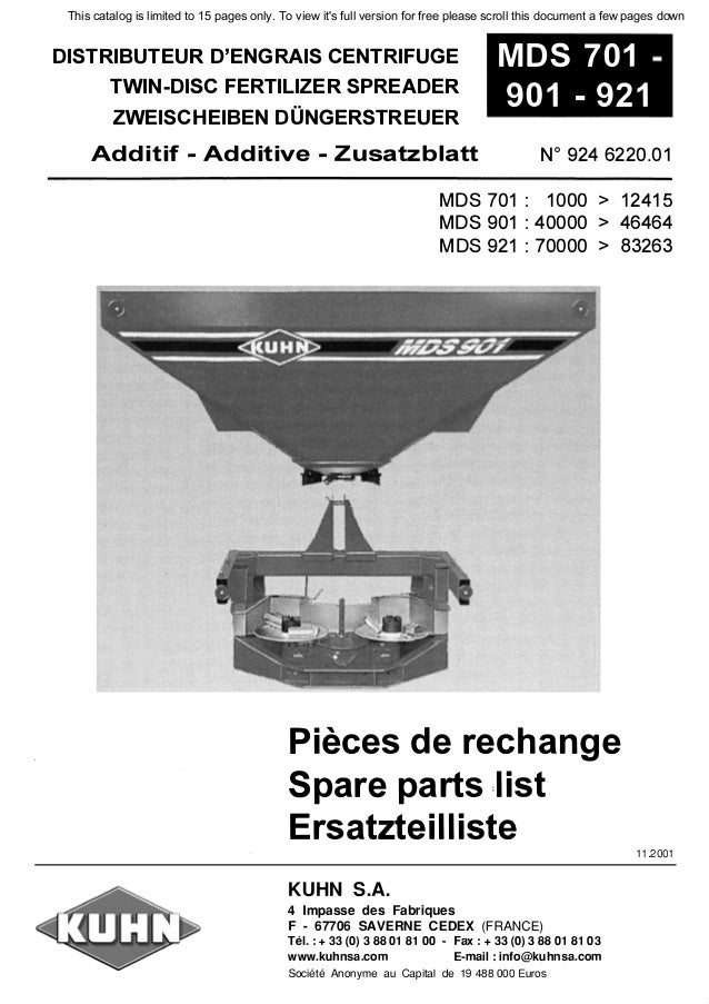 Kuhn twin disc fertilizer spreader MDS701 901921 spare parts list